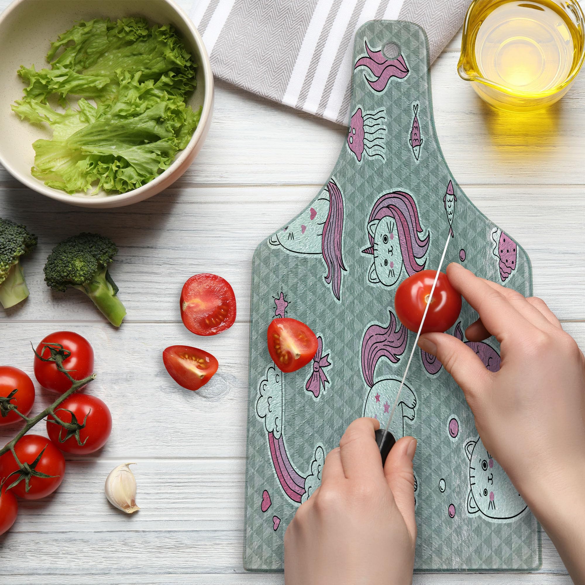 Ambesonne Unicorn Cat Cutting Board - Cute Cat, Unicorn & Mermaid Fish Design with Bubbles & Hearts Underwater Theme - Tempered Glass Serving Board for Kitchen, Cheese, Charcuterie - Wine Bottle Shape in Grey, Pale Pink & White - Perfect for Gifts, Parties & Home Decor