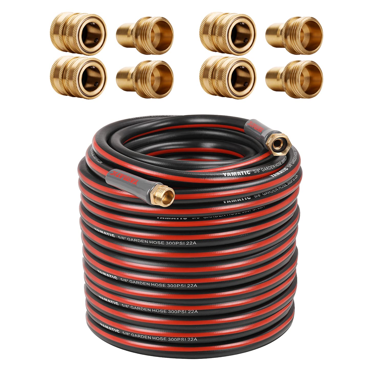 **YAMATIC 5/8 in x 100 ft Heavy Duty Garden Hose with Solid Brass Quick Connect Set - Durable Water Hose for Lawn, Garden, and Outdoor Cleaning**