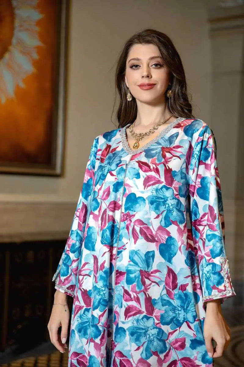 Elegant Hotfix Rhinestone Printed Caftan Kaftan Dress for Women - Perfect for Eid Celebrations, Parties & Special Occasions