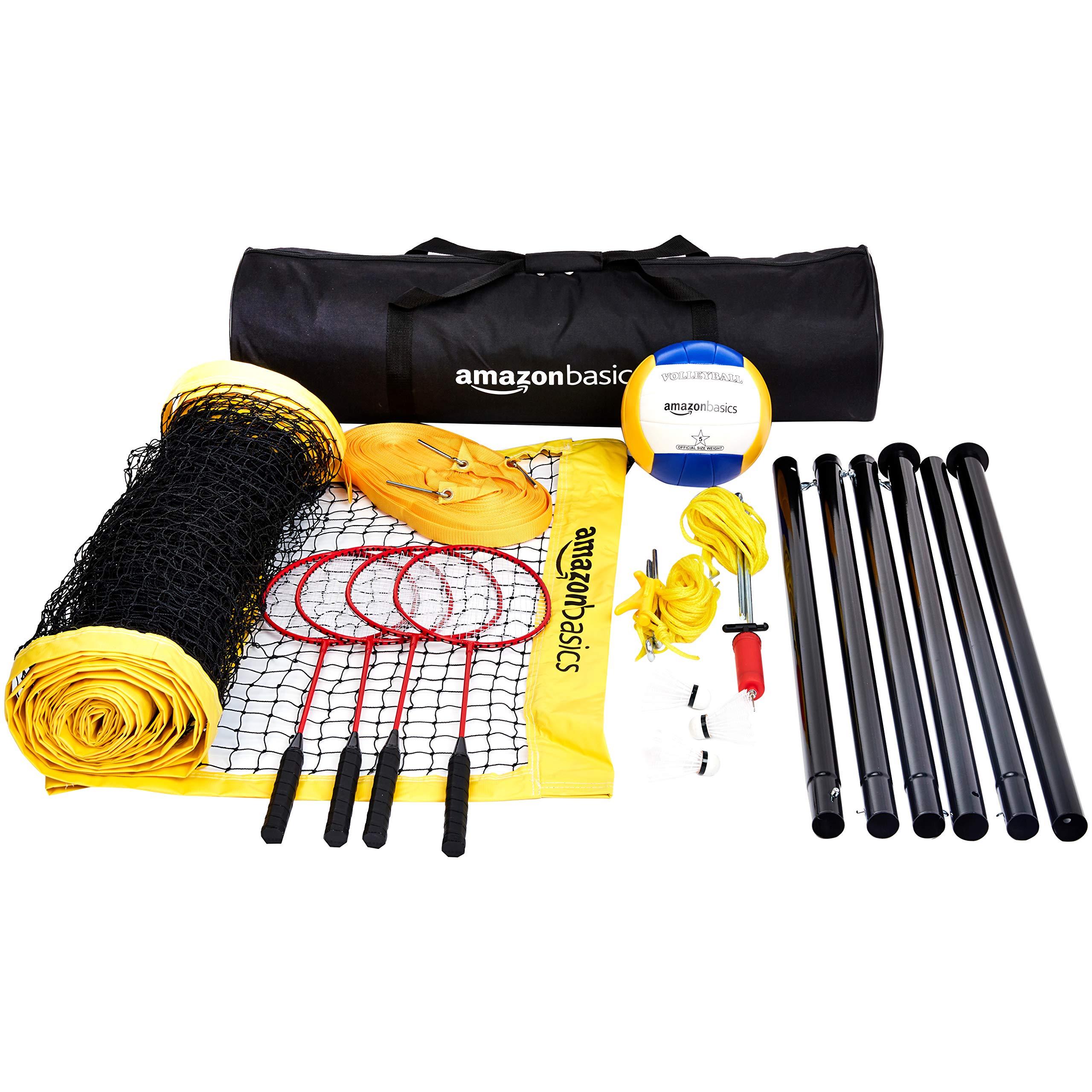 Amazon Basics Outdoor Volleyball and Badminton Combo Set with Net, Poles & Accessories - Perfect for Beach, Backyard, Park & Family Fun Activities