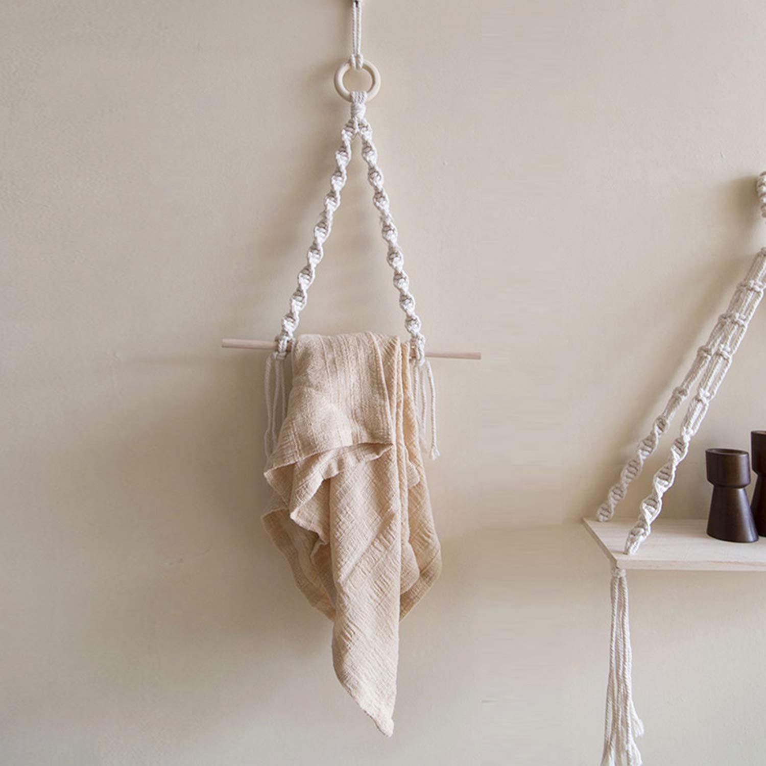 Nautical Rope Toilet Paper Holder & Wall-Mounted Towel Rack with Wooden Hooks - Coastal Bathroom Decor, Natural Antique Rope Design for Beach House, Boat or Coastal Style Home Decor