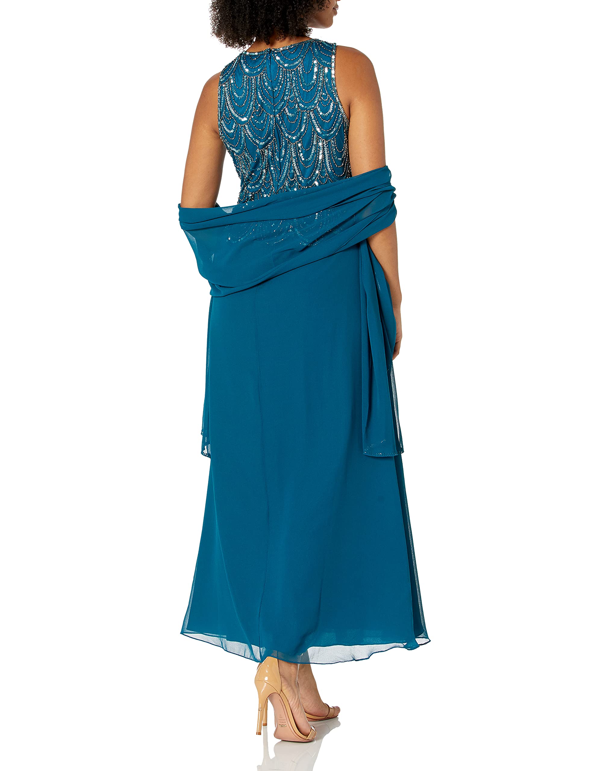J Kara Women's Petite Sleeveless Beaded Pop Over Dress with Scarf - Elegant Summer Cocktail Party & Wedding Guest Outfit
