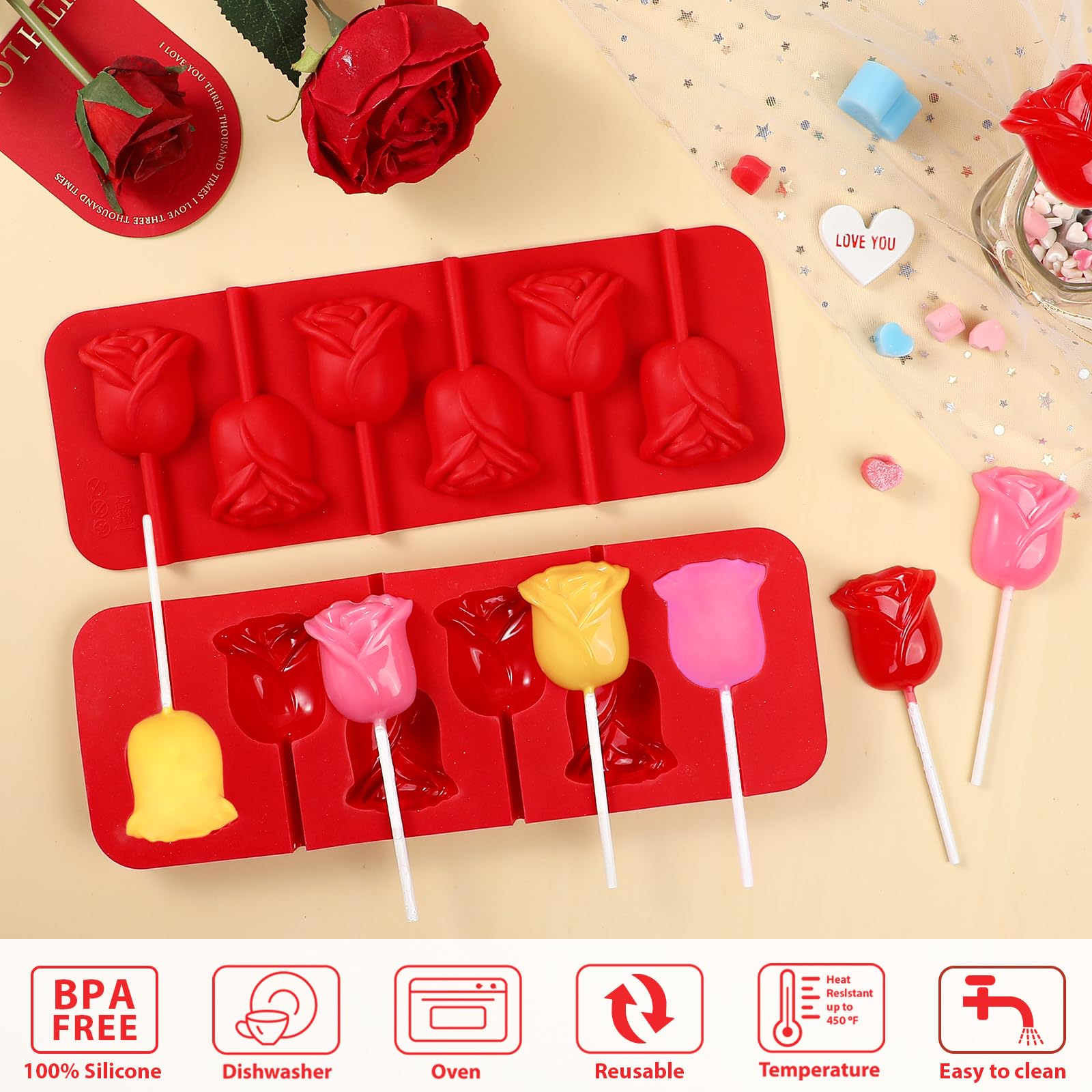 Webake 3D Rose Lollipop Molds - 2Pcs Silicone Chocolate Candy Molds with Sticks for DIY Cupcake Decorations, Homemade Suckers & Chocolate Making - Perfect for Birthday Parties, Wedding Favors & Candy Gifts