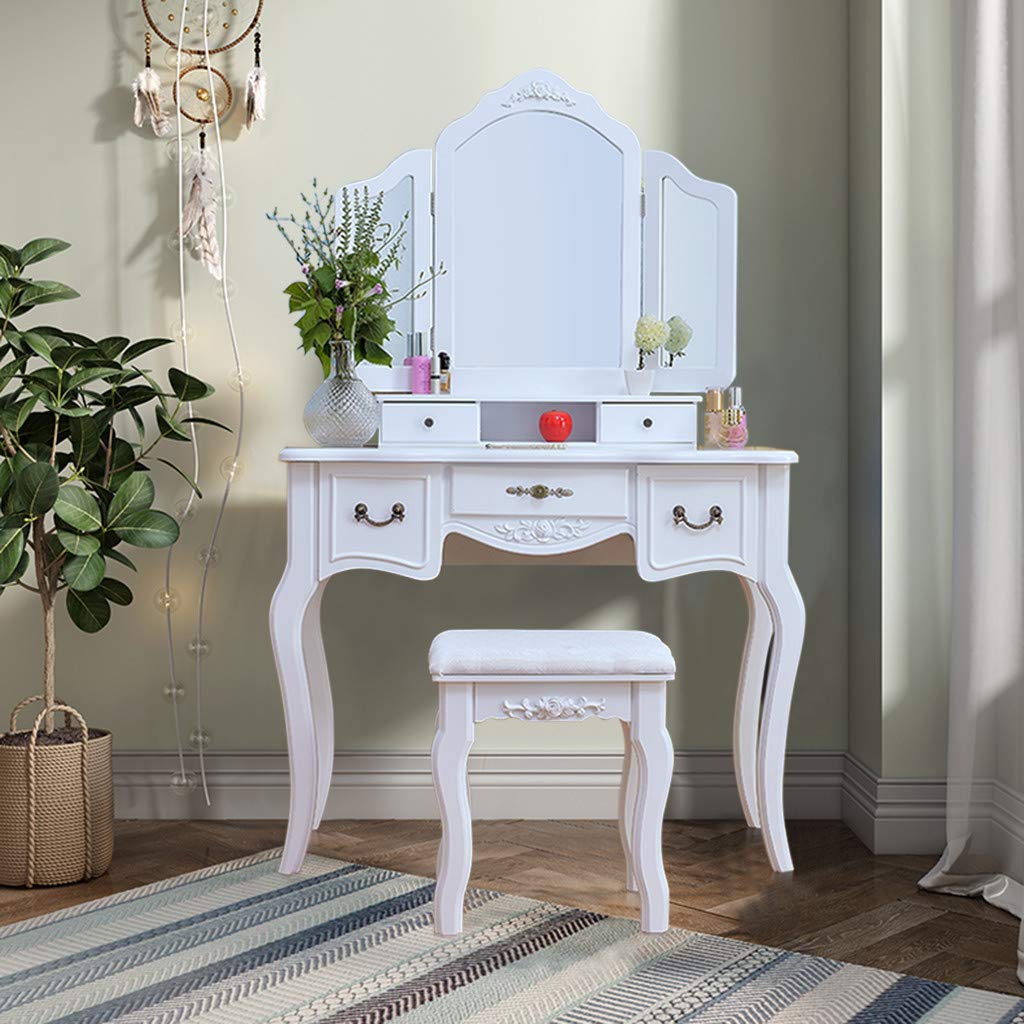 Lighted Vanity Set with 3 Mirrors & Stool - Elegant Makeup Dressing Table with 5 Storage Drawers, Cushioned Stool & LED Lights for Bedroom, Home Decor & Beauty Routine (White) 【Fast US Shipping】