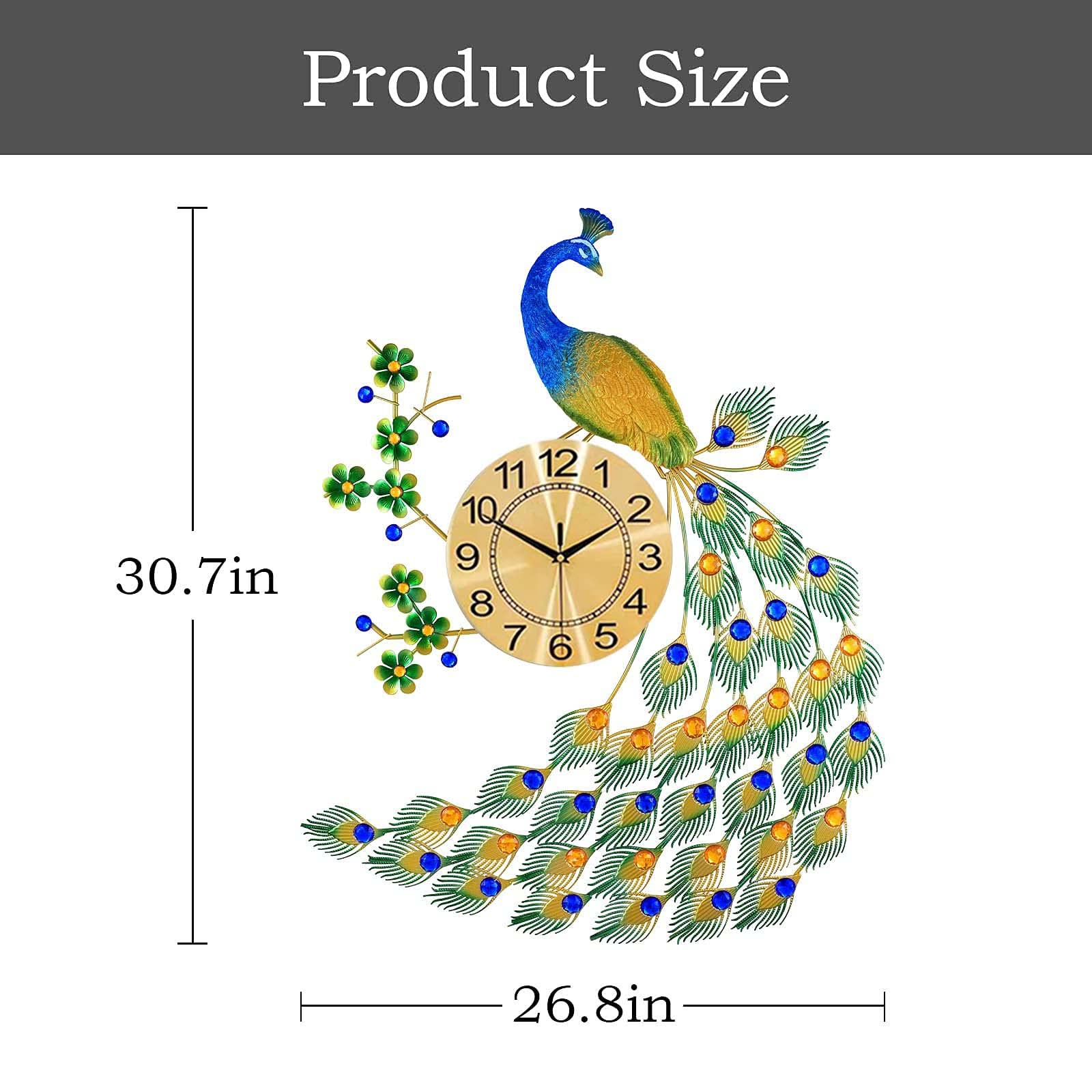 30.7 Inch Large Peacock Wall Clock - Silent Non-Ticking Metal Art Digital Clock for Living Room, Bedroom & Office Decor | Elegant Home Wall Decor
