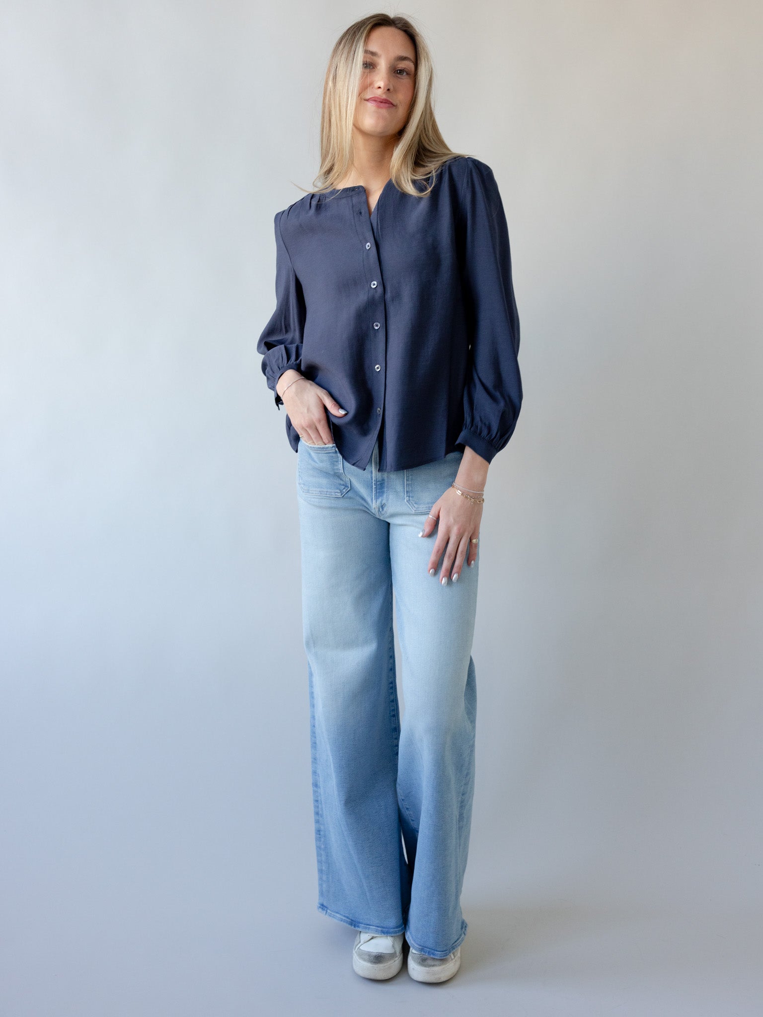 Elsbeth Navy Blouse for Women - Elegant Long Sleeve Office Blouse, Business Casual Tops, Perfect for Work, Meetings & Professional Events