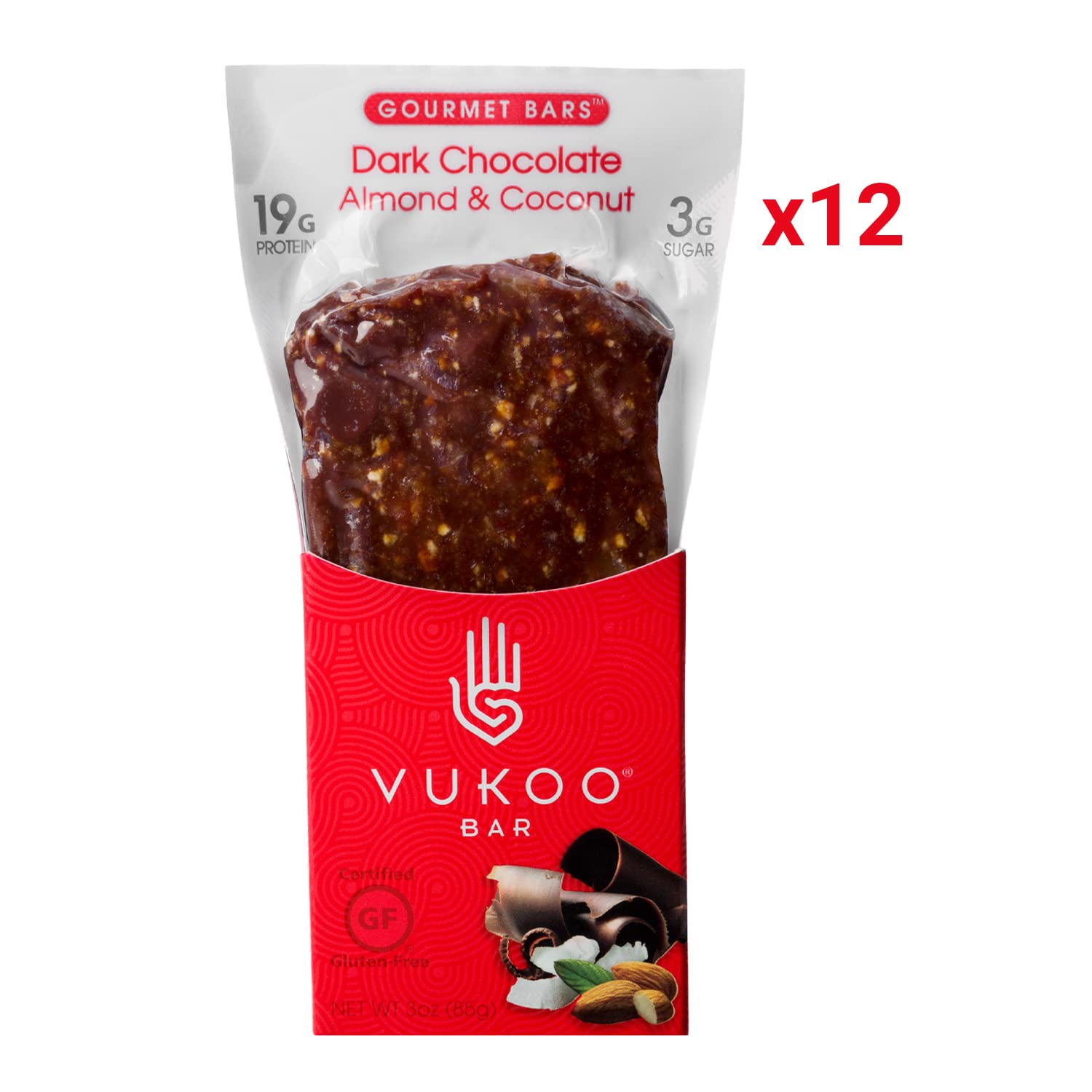 Vukoo Refrigerated Protein Bars - Dark Chocolate Almond Coconut Flavor (12 Pack) | 19g Protein, Organic Oats, Low Sugar, High Fiber, Gluten Free | Healthy Snack for Gym, Hiking, Workout & On-the-Go Nutrition
