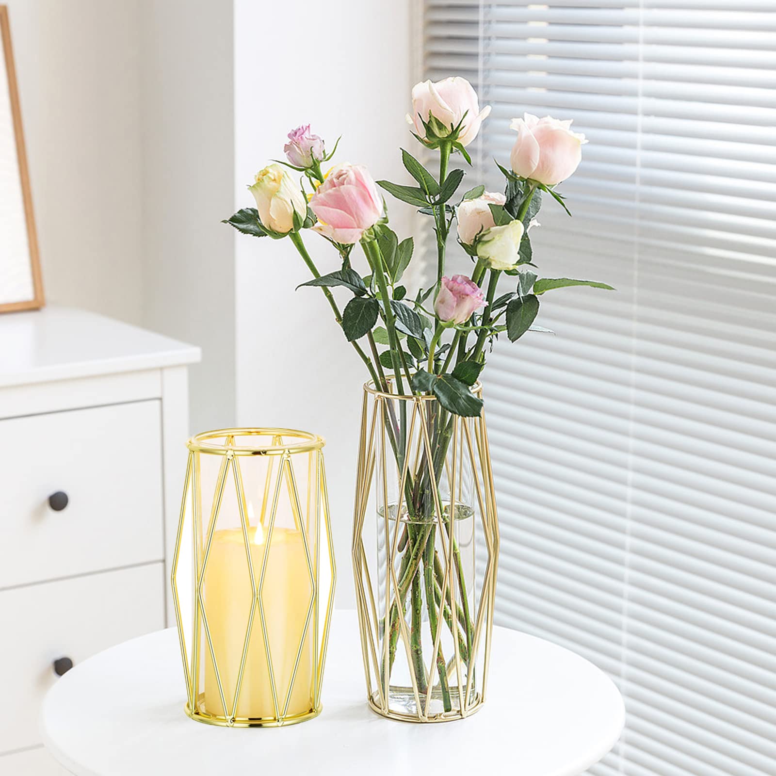 Elegant Gold Flower Vases with Geometric Metal Stand - Modern Bulk Terrarium Crystal Vases for Pampas Grass, Centerpieces, Home & Wedding Decor (8.5