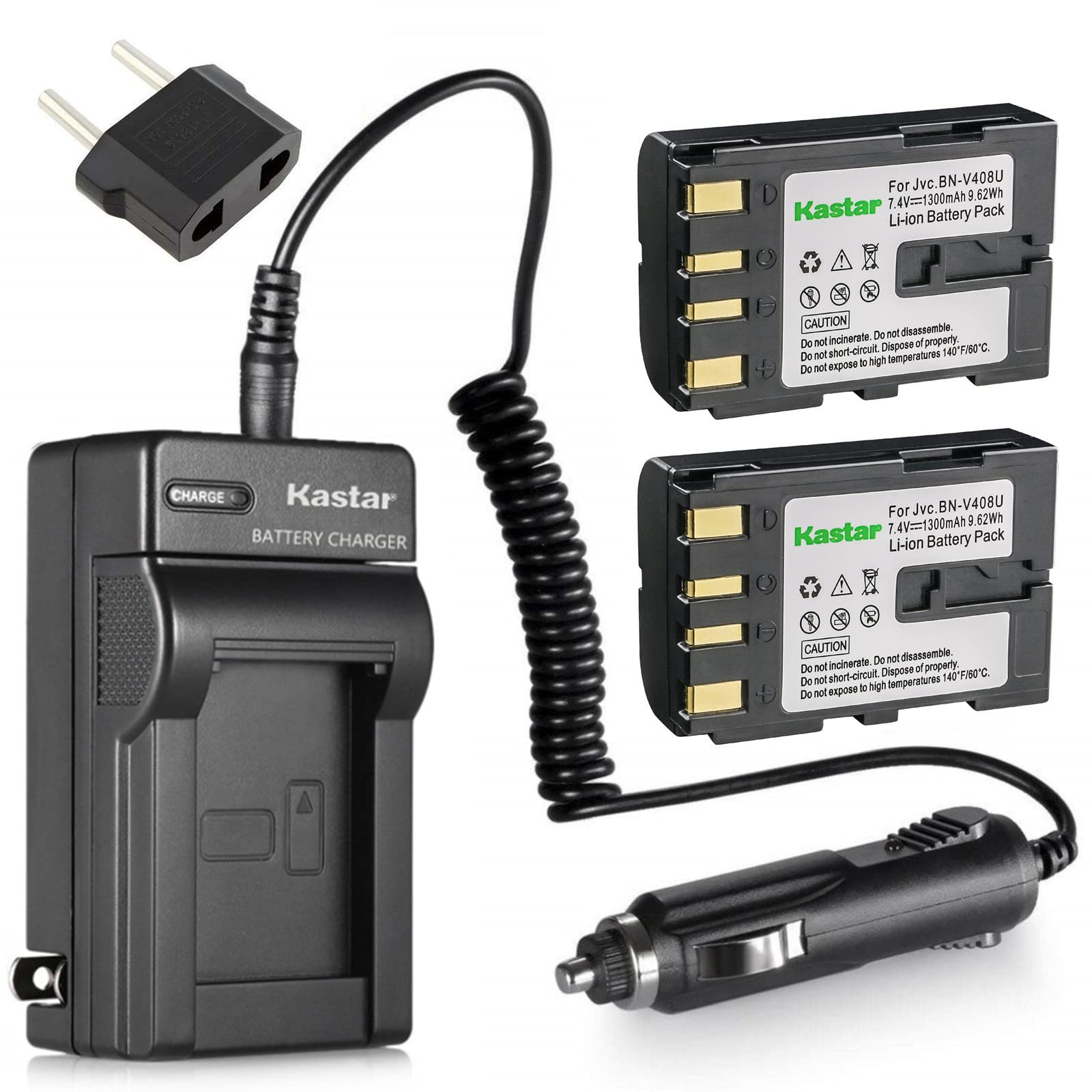 Kastar 2-Pack Replacement Battery and Charger for JVC BN-V408, BN-V416 & GR-DVL Series Camcorders - Compatible with MiniDV Camcorders for Travel, Vlogging, and Home Videos
