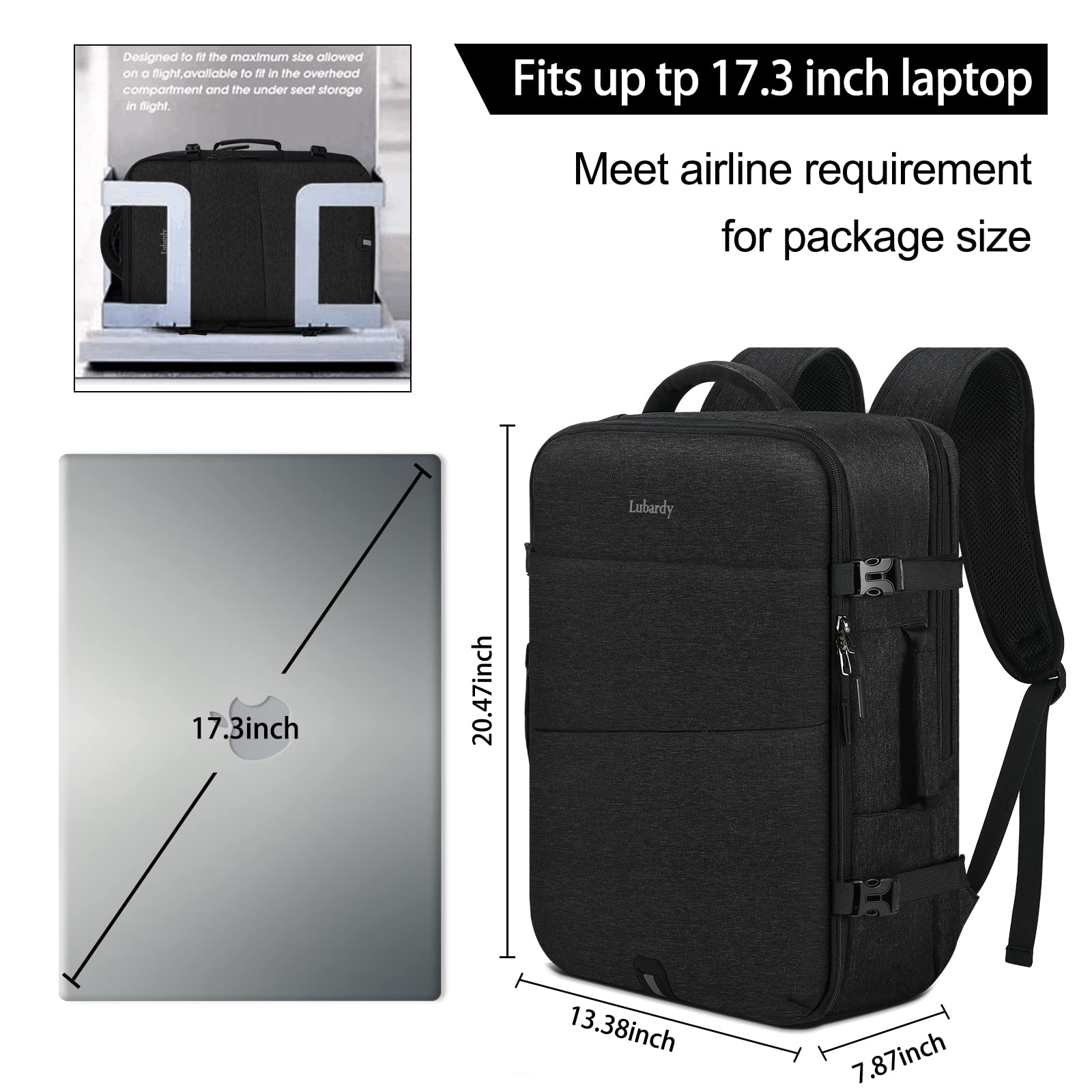 17 Inch Waterproof Travel Laptop Backpack for Men & Women - Large Carry On Luggage with 3 Packing Cubes - Perfect for Business, School, Weekender & Overnight Trips - Black