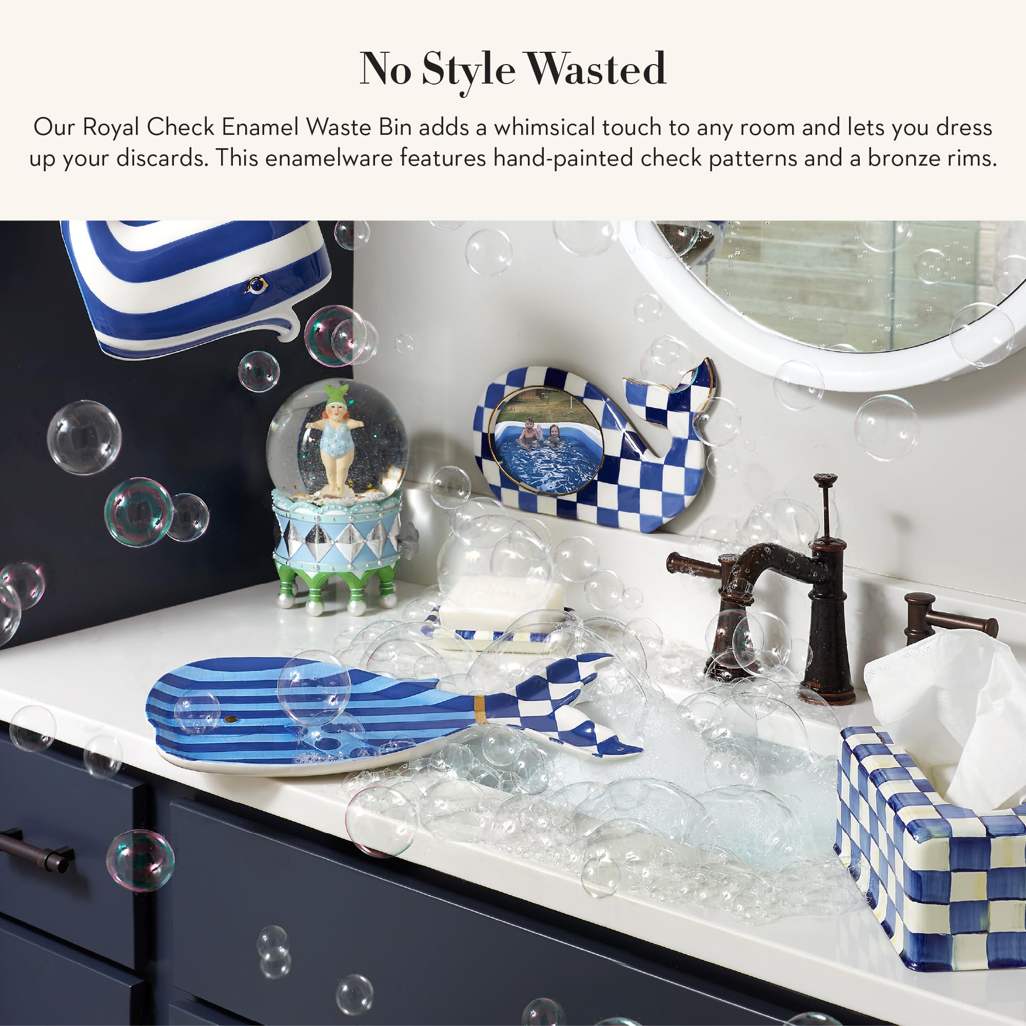 MACKENZIE-CHILDS Decorative Waste Bin - Blue and White Royal Check Trash Can for Bedroom, Bathroom, Office & Home Decor | Stylish Small Garbage Bin for Waste Disposal