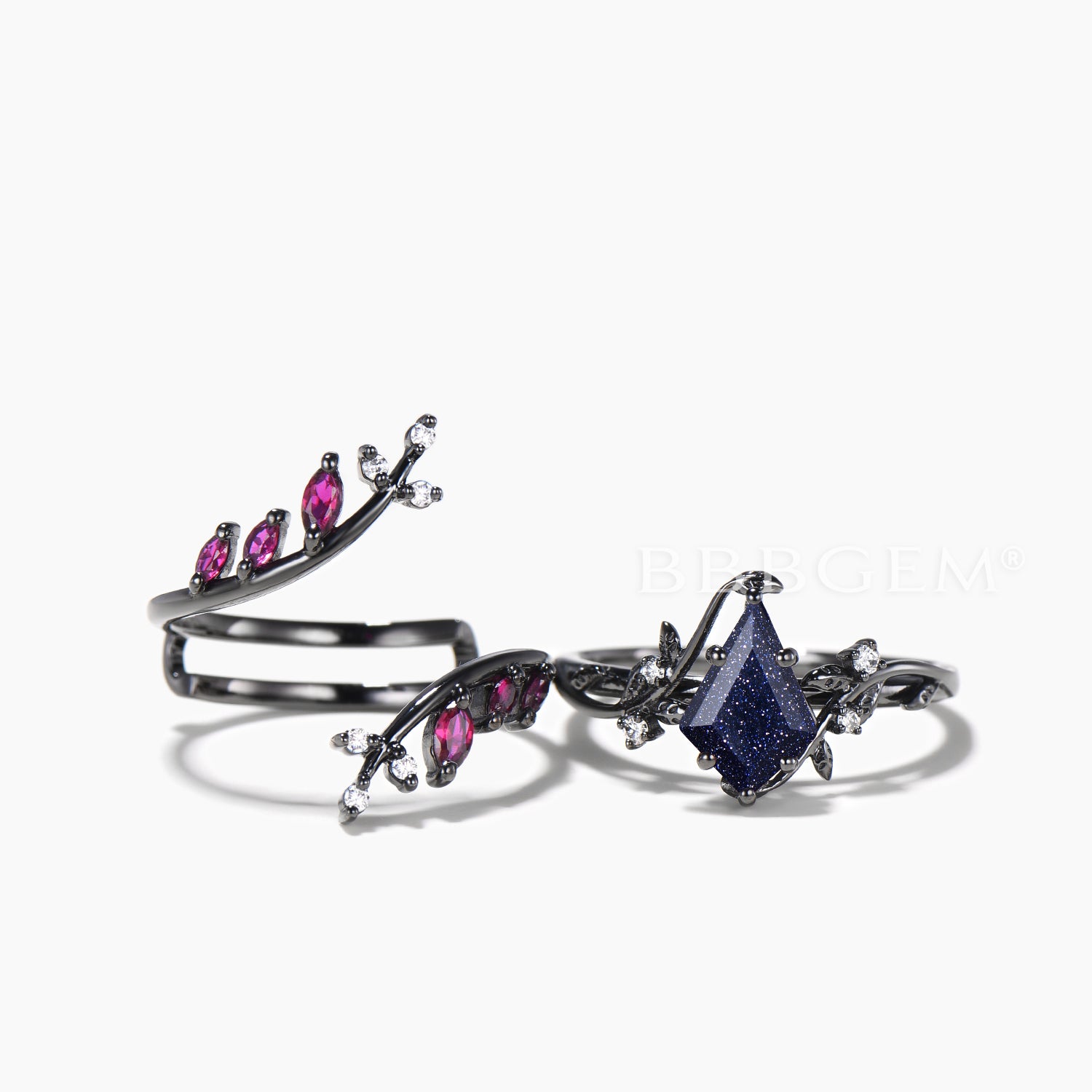 Twig Bridal Set - Kite Cut Blue Sandstone Leaf Engagement Ring with Ruby Wedding Band for Women | Nature-Inspired Wedding Jewelry for Engagement, Proposal & Anniversary Gifts