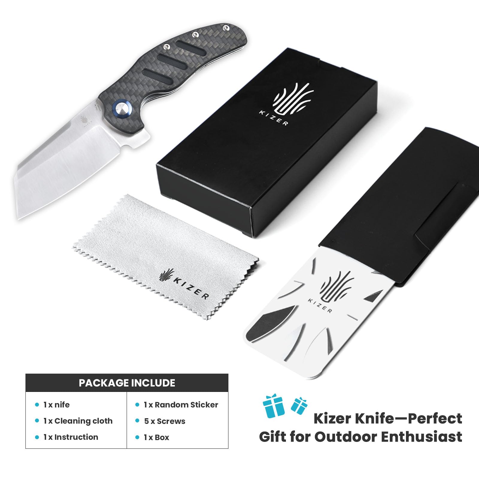 Kizer C01c XL Sheepdog Pocket Knife - 154CM Sheepsfoot Blade Folding Knife with G10 Carbon Fiber Handle - EDC Hunting & Camping Knife for Men & Women - Perfect for Outdoor Adventures, Survival Gear & Everyday Carry (V5488C3)