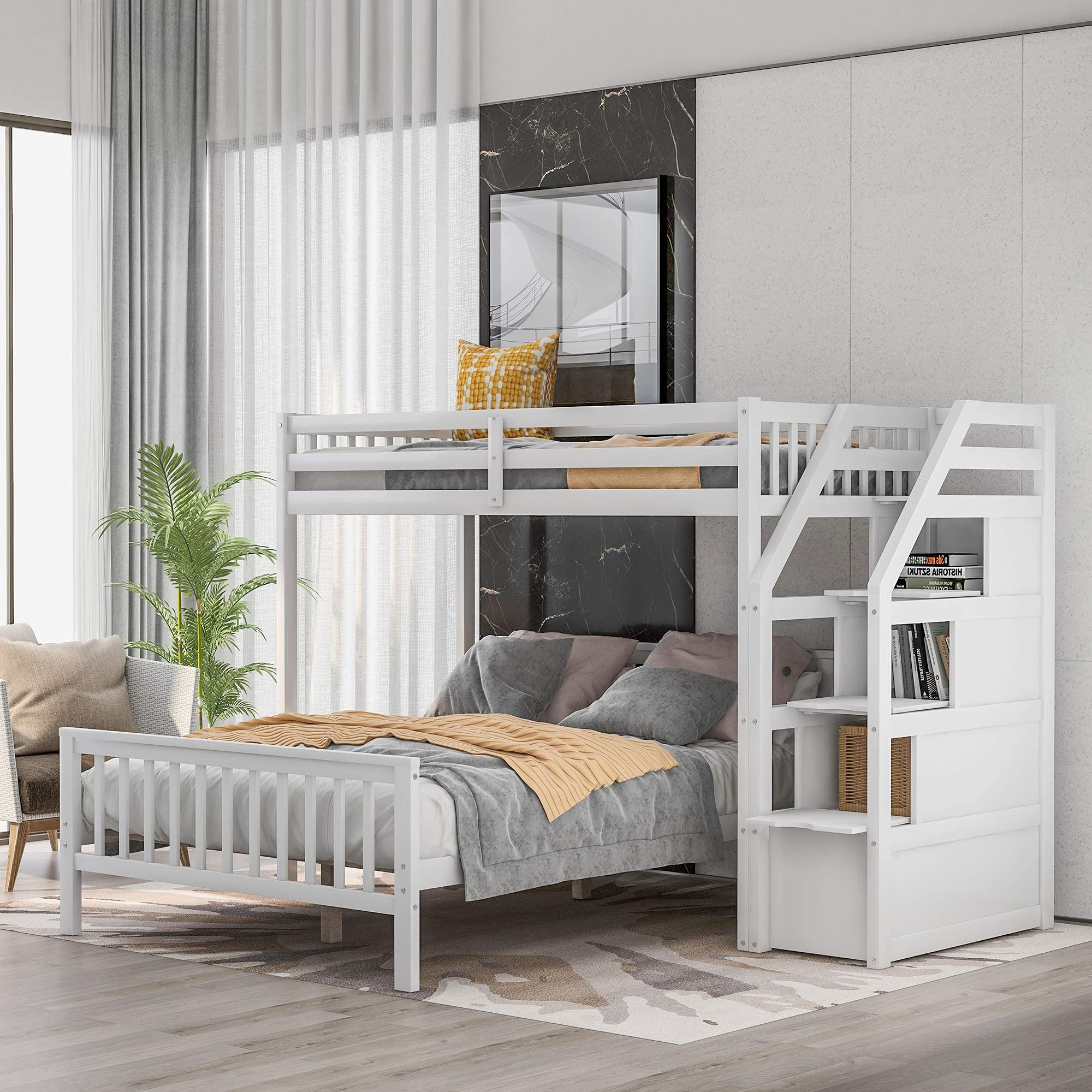 Harper & Bright Designs Twin Over Full L-Shaped Wooden Bunk Beds for Kids with Stairway & Storage - No Box Spring Needed - White | Space-Saving Loft Bed for Small Rooms, Guest Rooms & Kids' Bedrooms