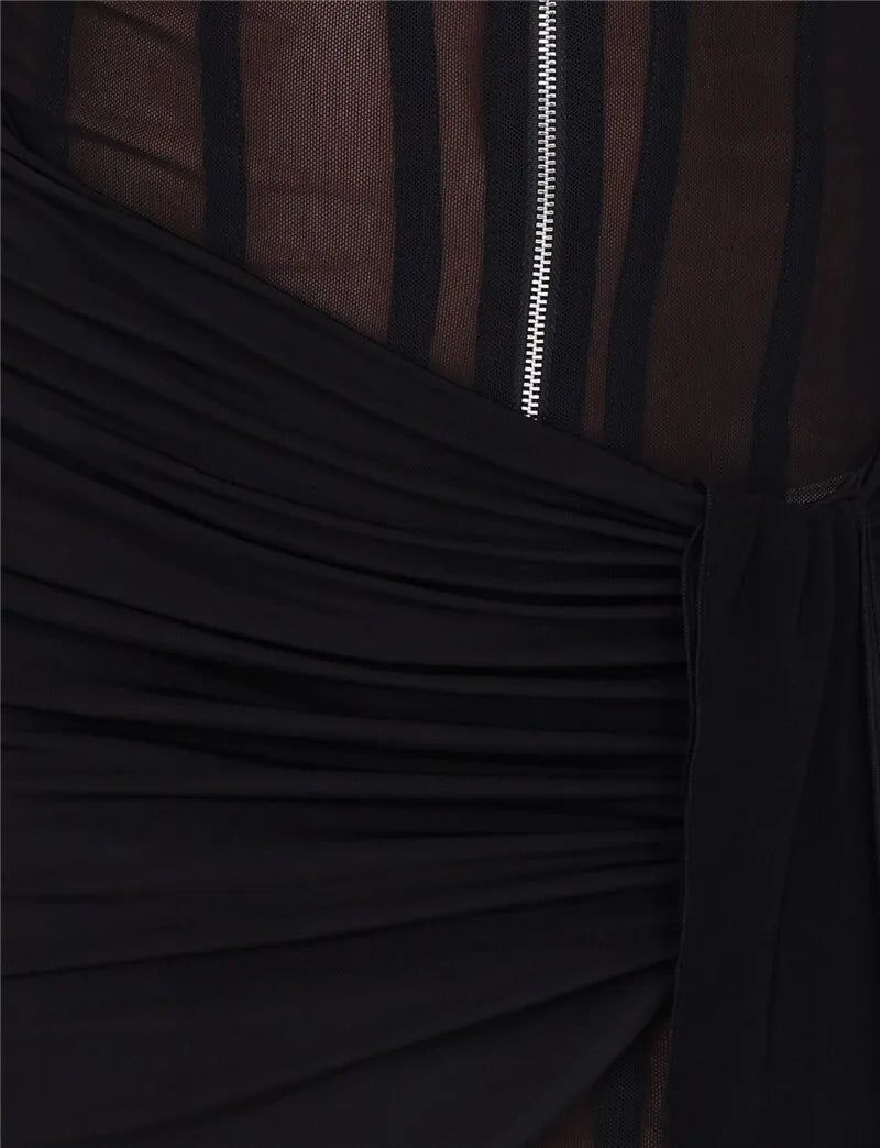 Sexy Black See-Through Mesh Ruched Mini Dress for Women - Sleeveless Bodycon Club Dress with Zipper Detail | Perfect for Night Out, Party & Summer Events