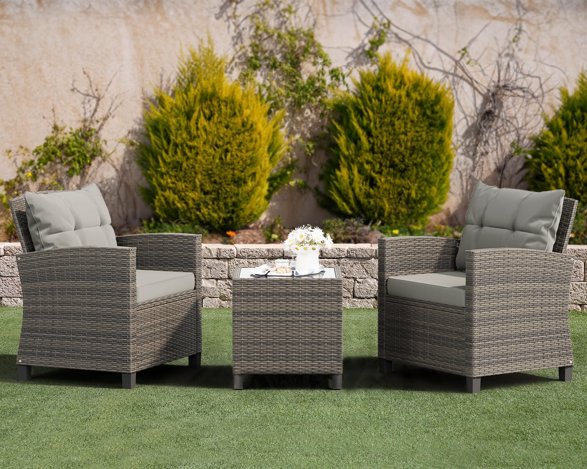 Shintenchi 3-Piece Patio Furniture Set - PE Rattan Wicker Chairs with Table, Outdoor Dining Set for Backyard, Garden, Poolside - Gray Rattan with Gray Cushion | Perfect for Outdoor Entertaining, Relaxing & Dining Al Fresco