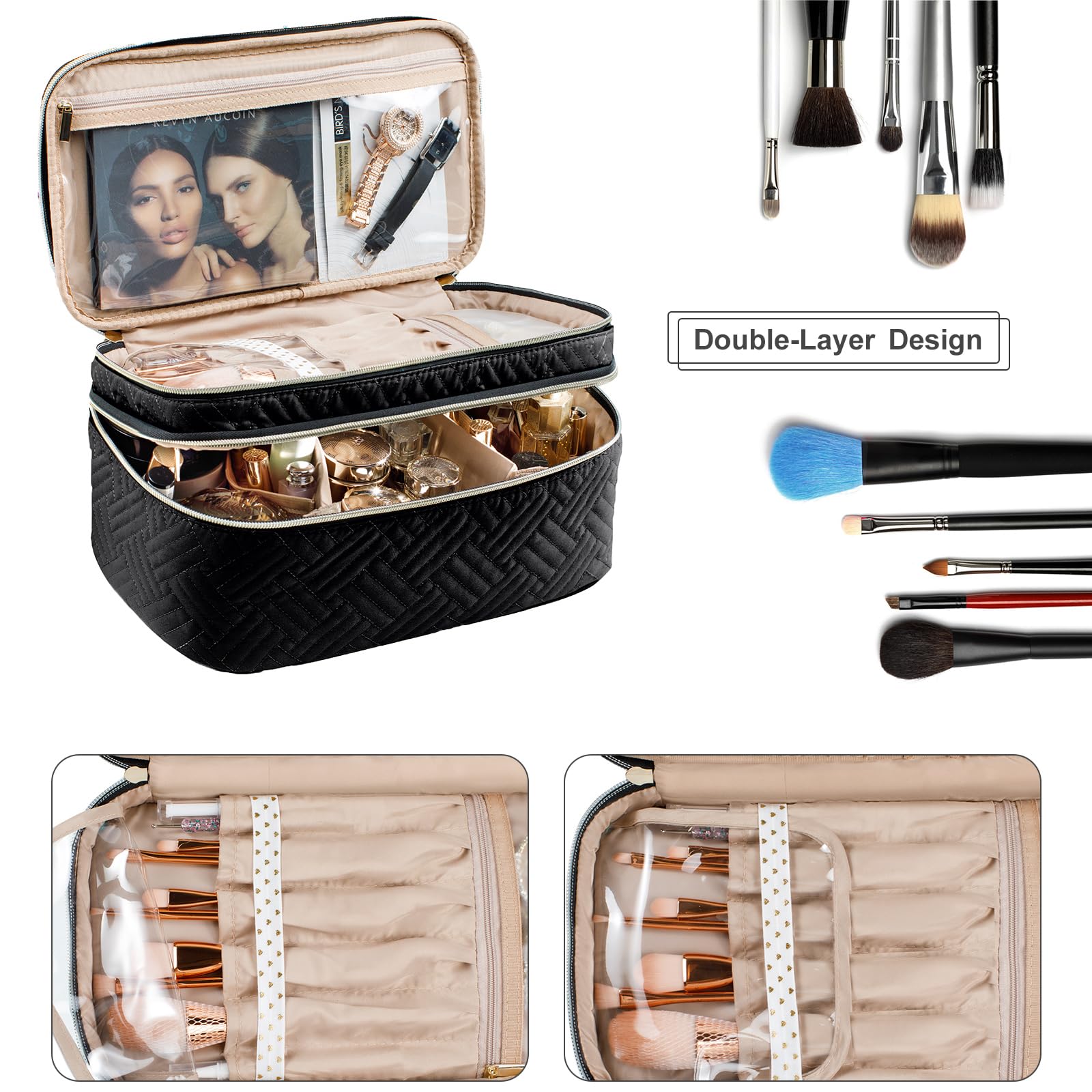 AMOIGEE Large Waterproof Makeup Bag - Double Layer Travel Cosmetic Organizer with Spacious Compartments for Brushes, Bottles & Palettes | Perfect for Travel, Home & Professional Use