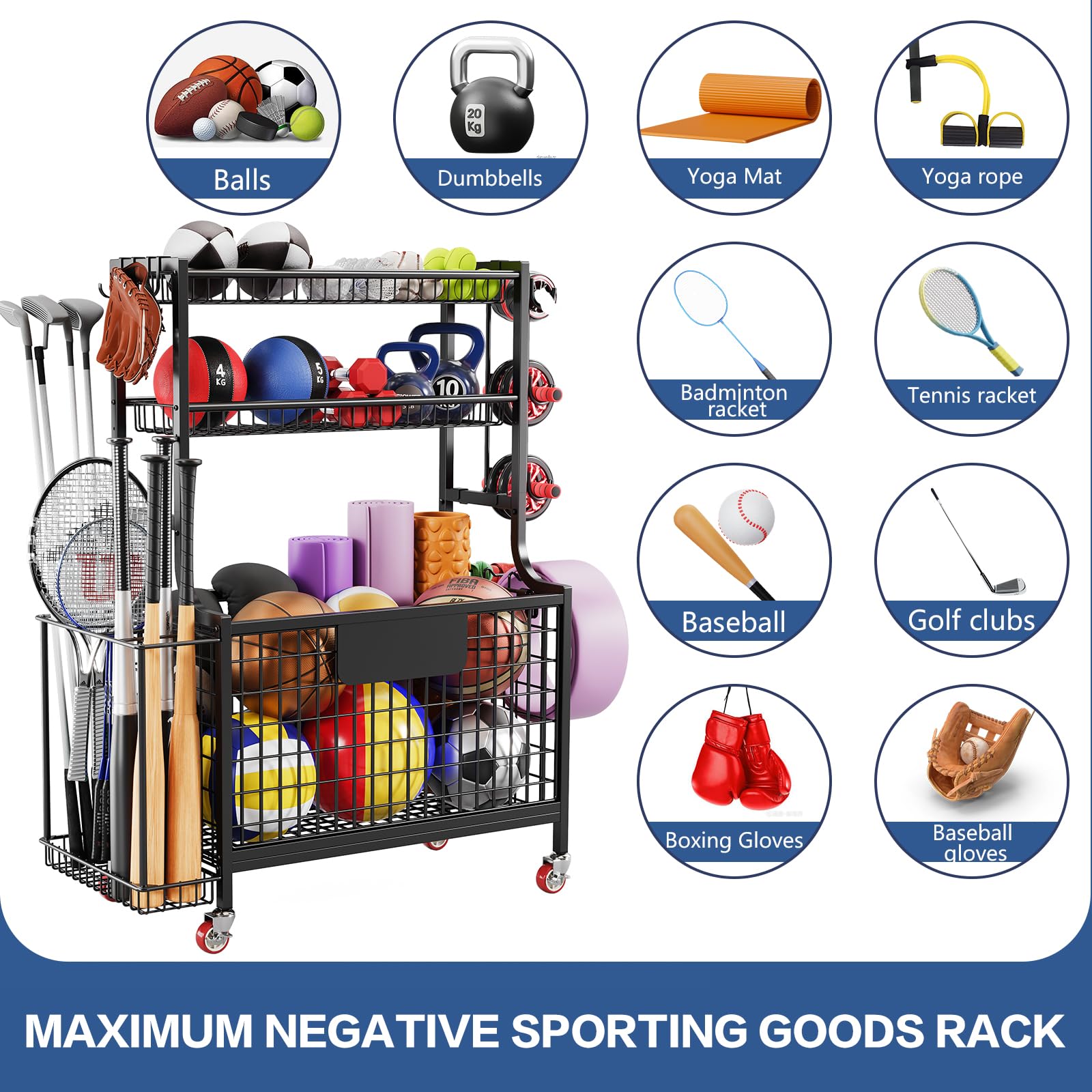 Heavy Duty Garage Storage Rack for Sports Equipment - Rolling Ball Organizer with Wheels, Hooks & Baskets - Golf Bag Stand, Basketball & Football Holder - Perfect for Indoor/Outdoor Use in Garages, Basements & Playrooms