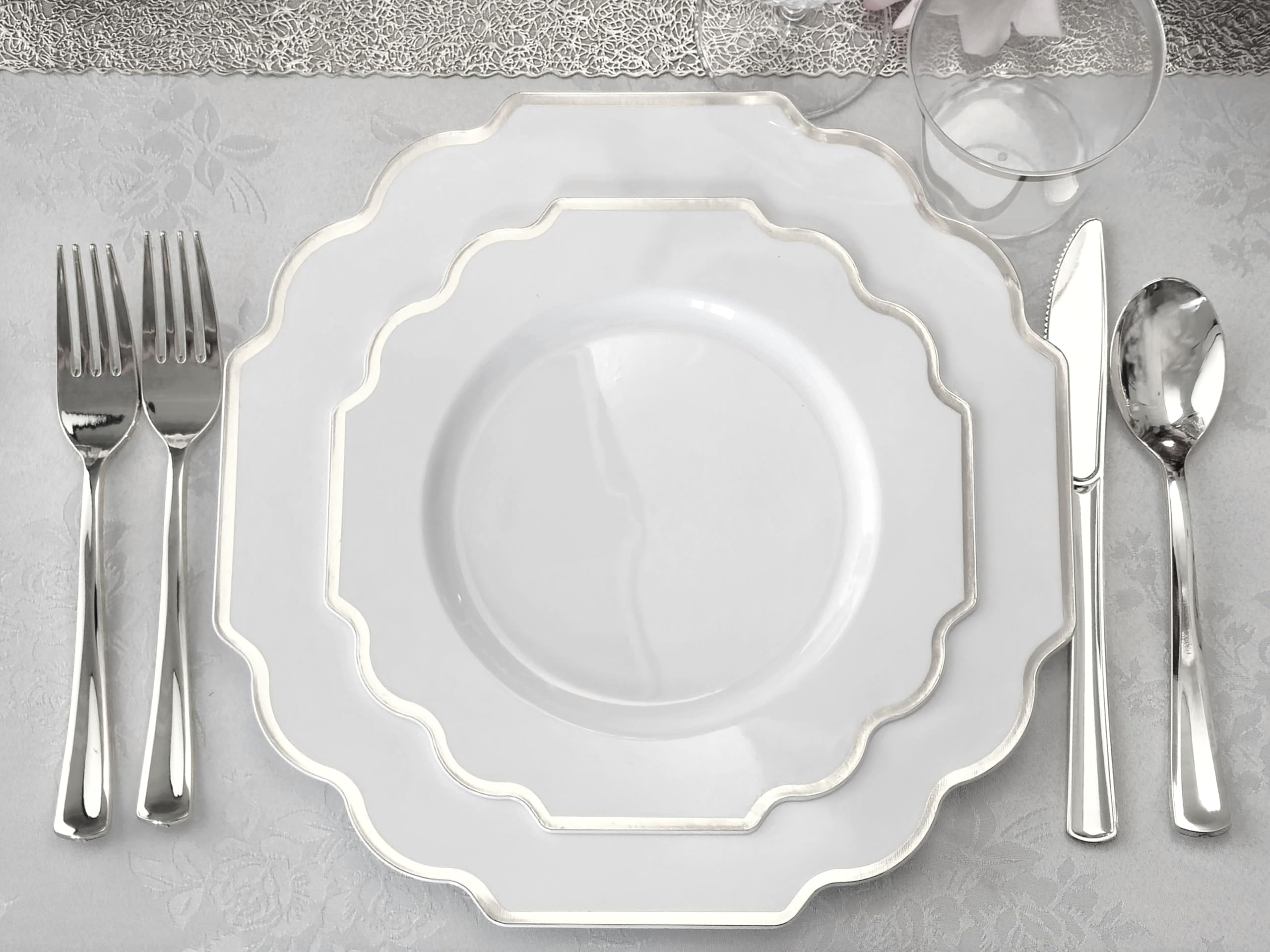 120-Pack Heavyweight Disposable Plastic Plates for Weddings & Parties - 10.5 Inch Elegant White & Silver Dinner Plates - Perfect for Formal Events, Catering & Home Celebrations