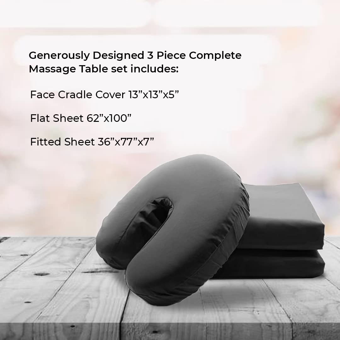 Premium 3-Piece Massage Table Sheet Set - 100% Cotton Flannel - Includes Fitted Sheet, Flat Sheet & Face Cover - Soft & Smooth Massage Bed Linens - Black - Ideal for Spa, Salon & Professional Massage Therapy
