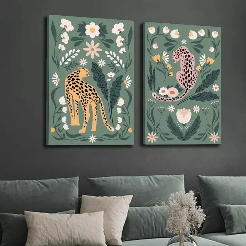 2PCS Cheetah Floral Botanical Canvas Wall Art - 50x75cm Framed High-Quality Print - 100% Australian Made - Ready to Hang for Living Room, Bedroom & Office Decor