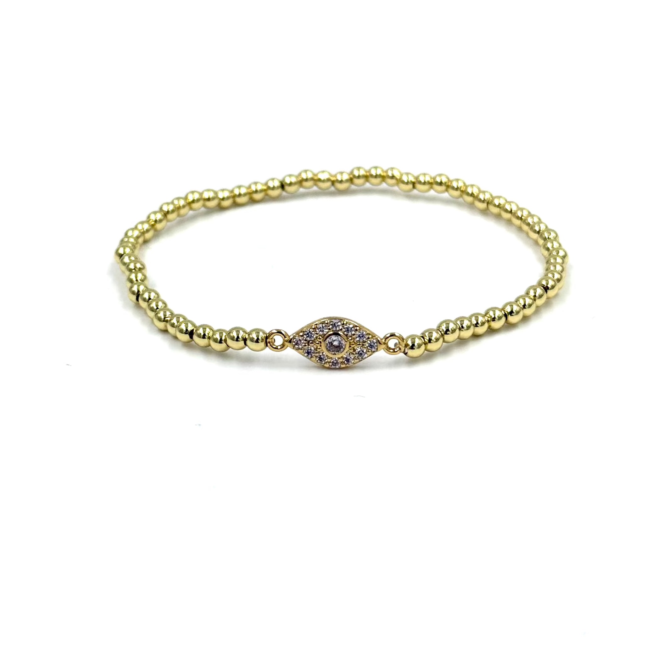 Ashley Gold Stainless Steel CZ Small Evil Eye Stretch Beaded Bracelet for Women - Protection Jewelry for Good Luck, Travel & Everyday Wear