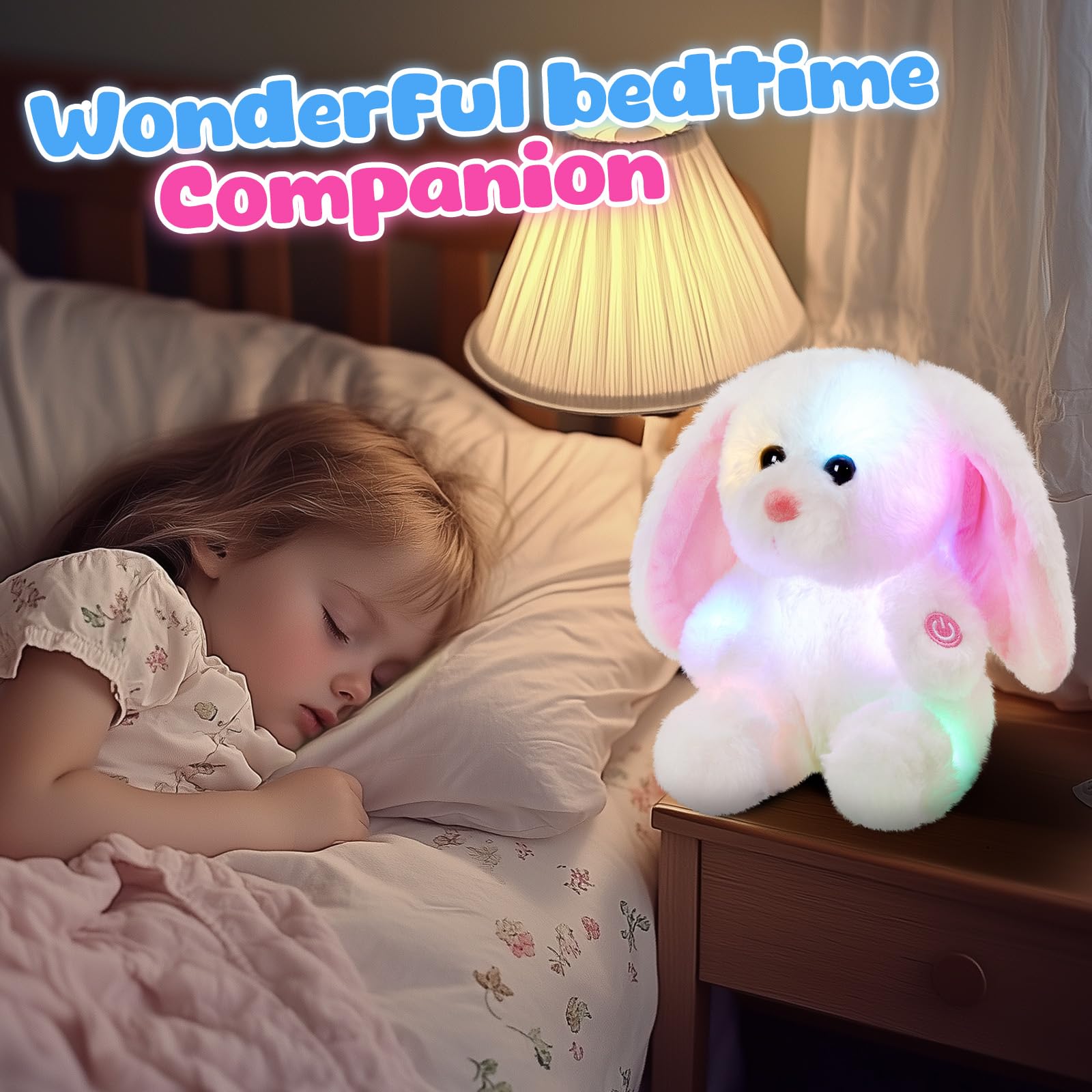 BSTAOFY LED Light Up White Bunny Stuffed Animal - Soft Plush Toy with Lop Ears, 8