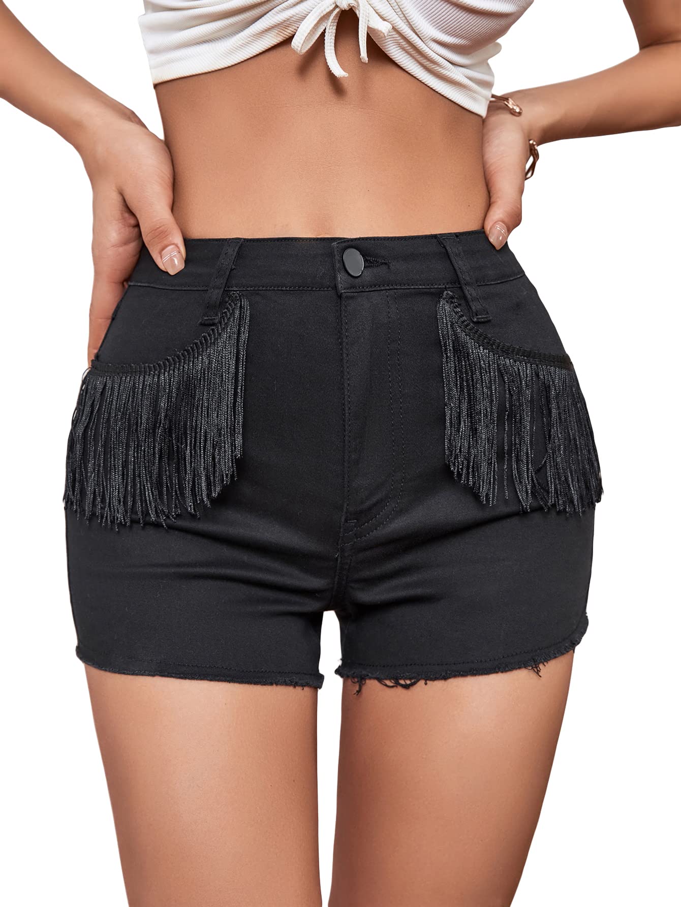 SheIn Women's Distressed High Waisted Ripped Denim Shorts with Pockets - Raw Hem Stretch Jeans Shorts for Summer Casual Outfits & Streetwear Fashion