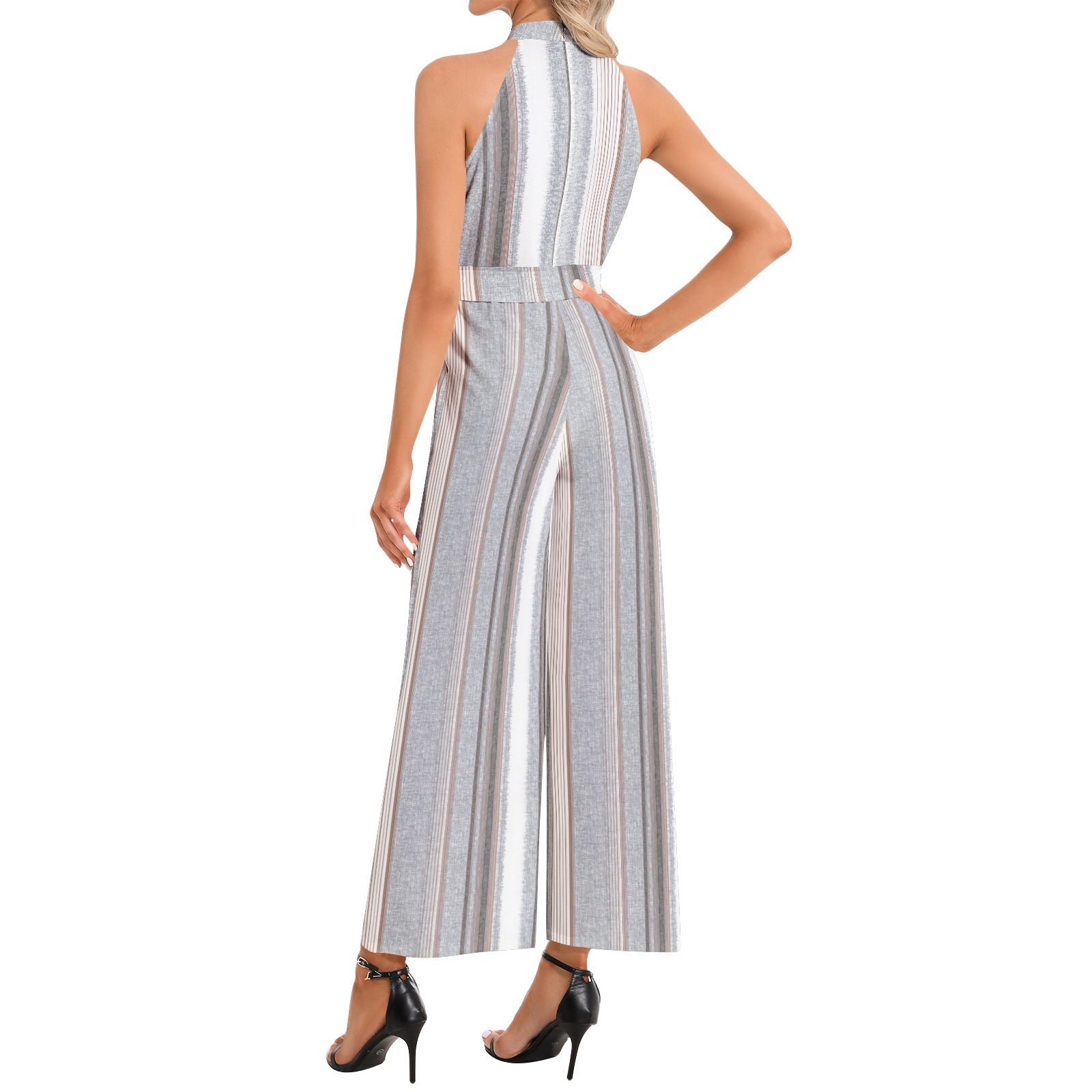 Elegant Striped Grayscale Halter Neck Jumpsuit with Buckle Belt - Perfect for Casual Outings, Date Nights & Summer Vacations