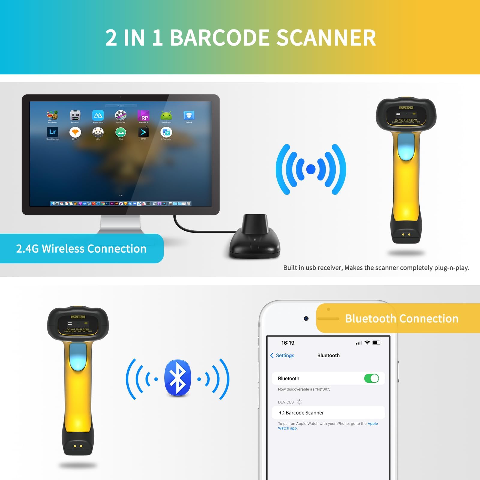 NETUM Upgraded QR Industrial Bluetooth Barcode Scanner - Wireless 2D/1D Barcode Reader with 2600mAh Battery, Charging Dock, Drop & Dust Proof - Compatible with Windows, Mac, Android, iOS (NT-1200) - Ideal for Retail, Warehouse, Inventory Management & Logistics