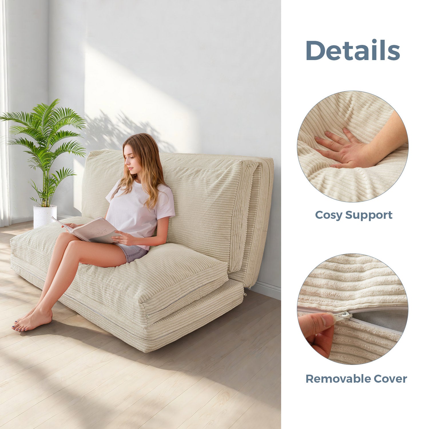 MAXYOYO Corduroy Bean Bag Sofa Bed - Foldable, Washable, Beige | Perfect for Living Room, Bedroom & Dorm Room Comfort