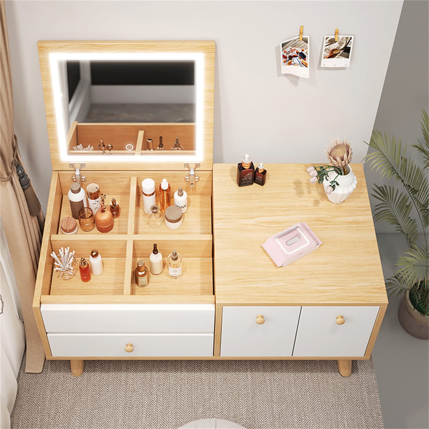Vanity Set with Flip Top Mirror, 3 Drawers & 4 Storage Compartments - Lighted Makeup Dressing Table & Writing Desk Organizer for Bedroom, Bathroom & Dorm Room Decor