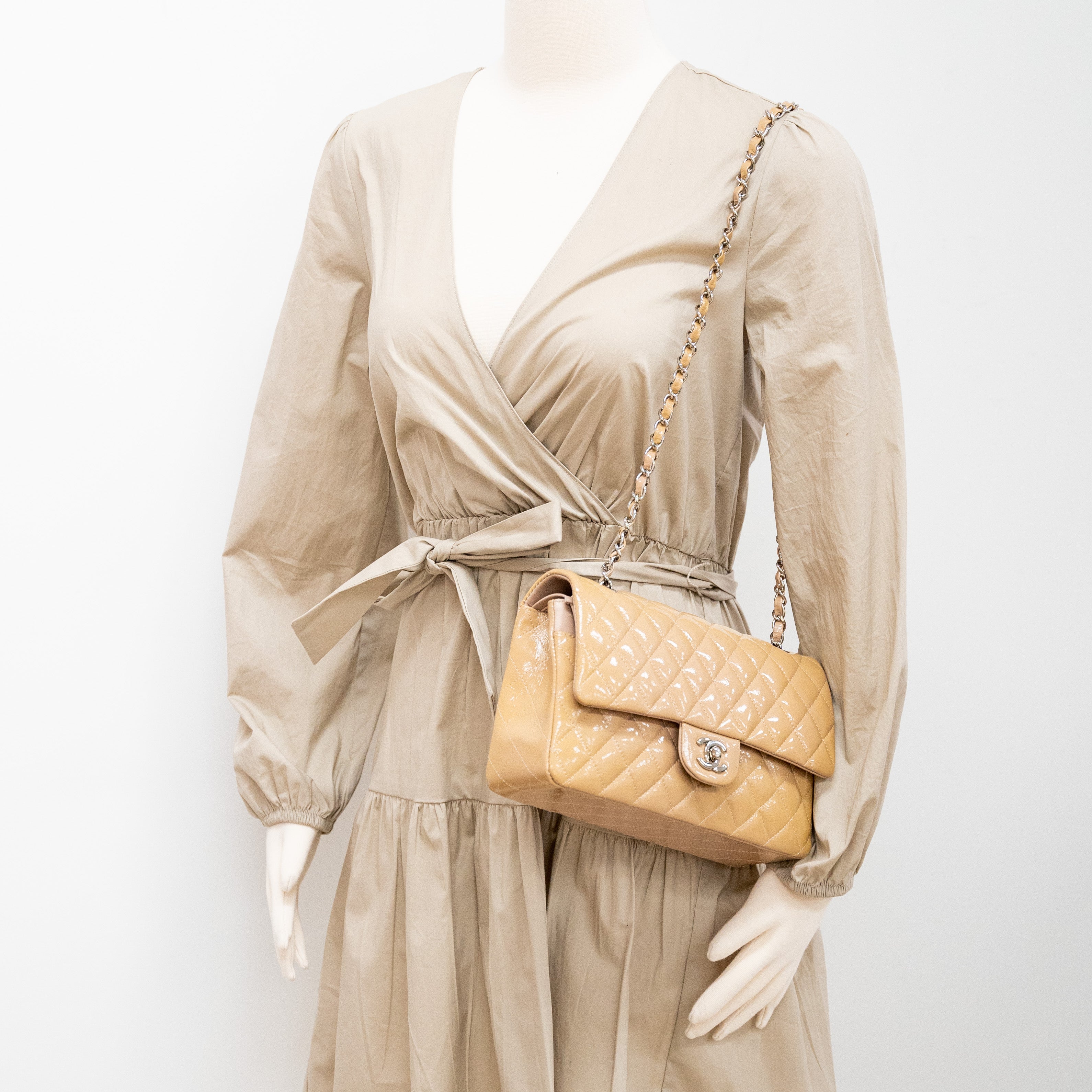 Chanel Patent Leather Medium Classic Flap Bag in Beige | Luxury Designer Handbag for Women | Perfect for Work, Evening Events & Special Occasions