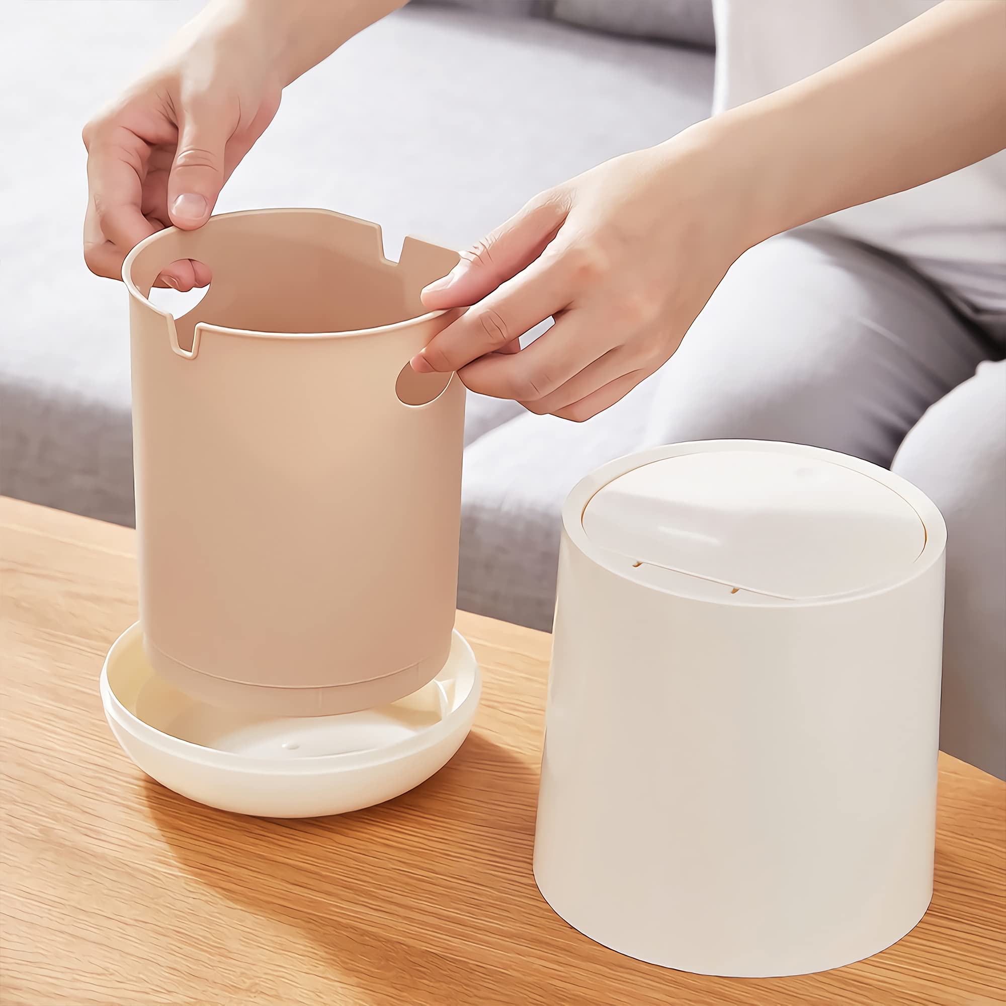 Sheebo 2 Liter / 0.5 Gallon Mini Trash Can with Press Top Lid - Small Waste Bin for Bathroom, Office Desk, Bedroom, Kitchen Countertop - Compact Cylinder Design (White) - Perfect for Small Spaces & Home Organization