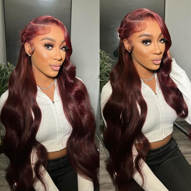 Eullair Pre-Colored Dark #99J Burgundy Frontal Wig - Natural Looking Human Hair Lace Front Wig for Women | Perfect Fall Color for Daily Wear, Parties & Special Occasions