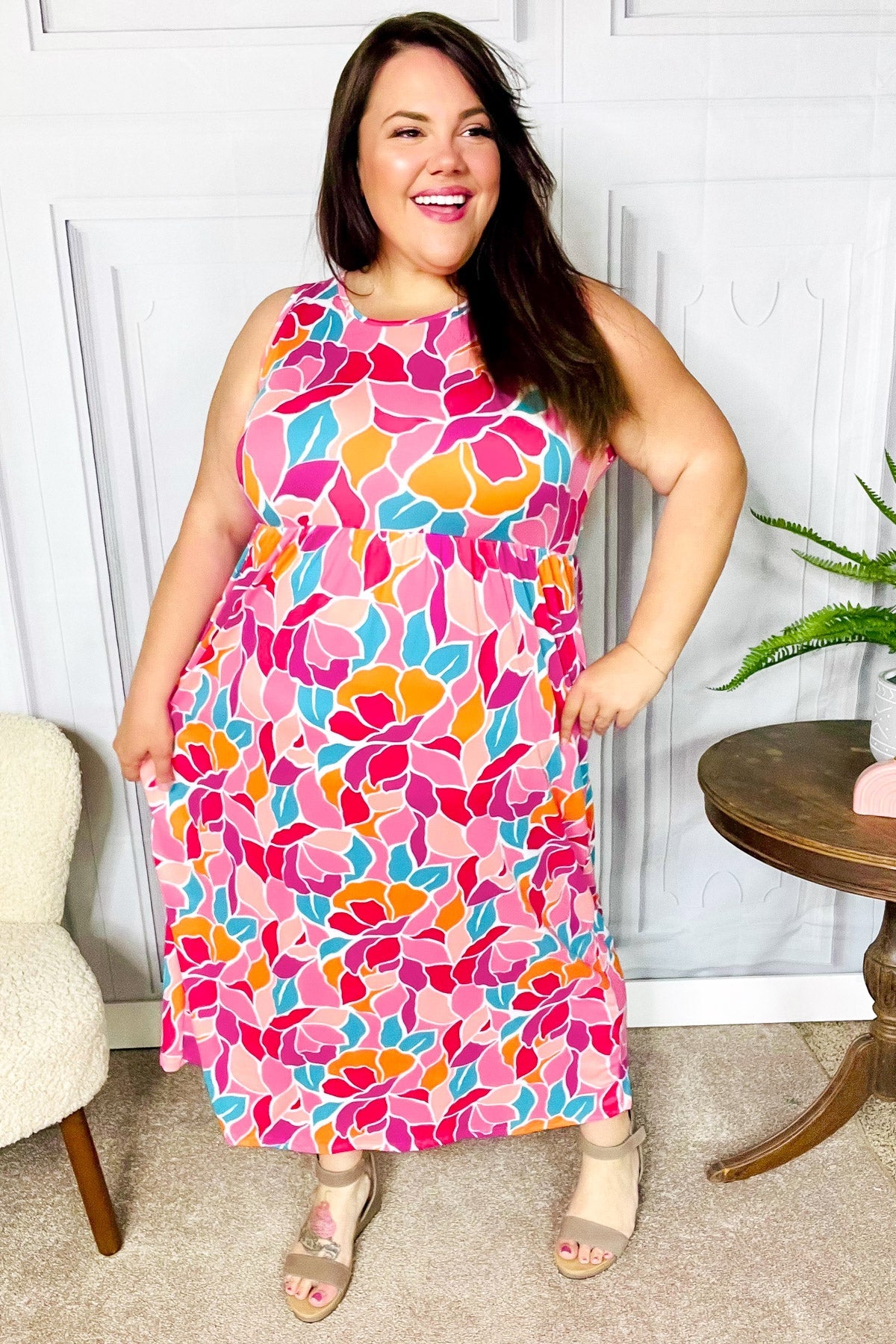 Elegant Fuchsia Abstract Floral Fit & Flare Maxi Dress for Women - Perfect for Summer Weddings, Beach Vacations & Special Occasions