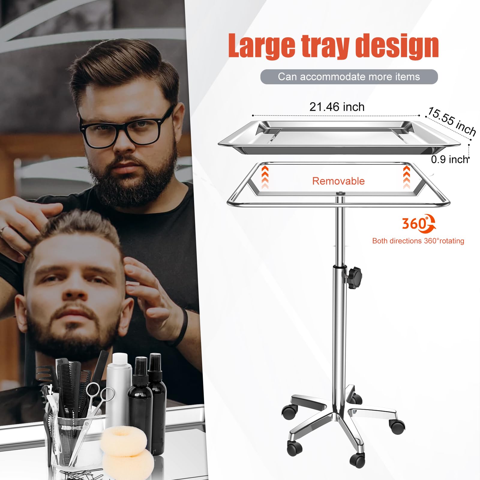 ChoJiah Extra Large Rolling Salon Tray - Heavy Duty Mayo Stand for Hairstylists, Tattoo Artists & Dental Clinics | Mobile Styling Station with Wheels for Hair Salons, Barber Shops & Tattoo Parlors