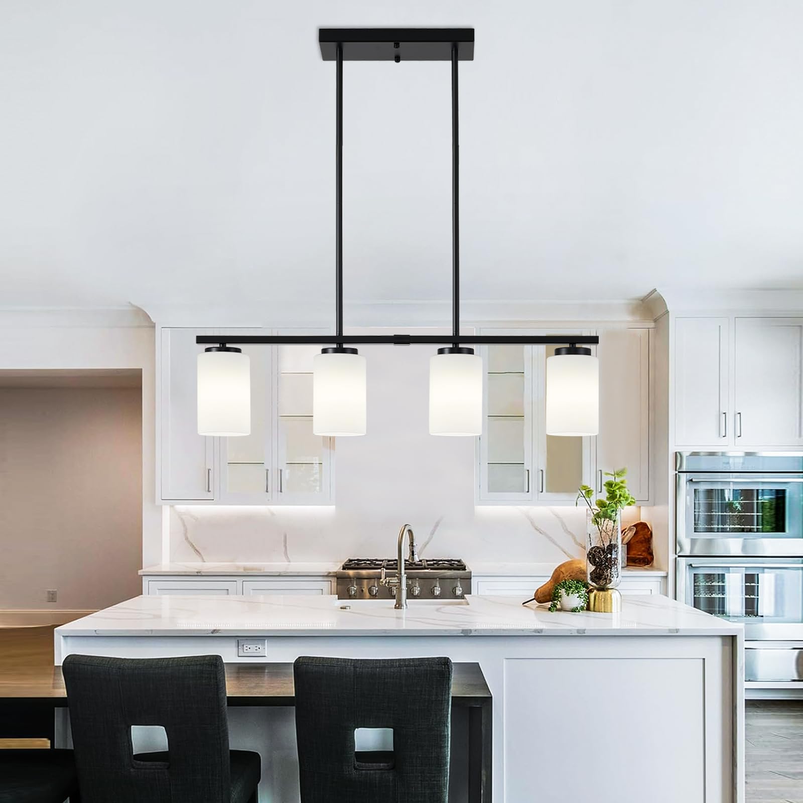 4-Light Farmhouse Linear Chandelier - Adjustable Kitchen Island Lighting with Milky Glass Shades - Rustic Dining Room Pendant Light Fixture for Modern Farmhouse, Restaurant & Breakfast Nook Decor