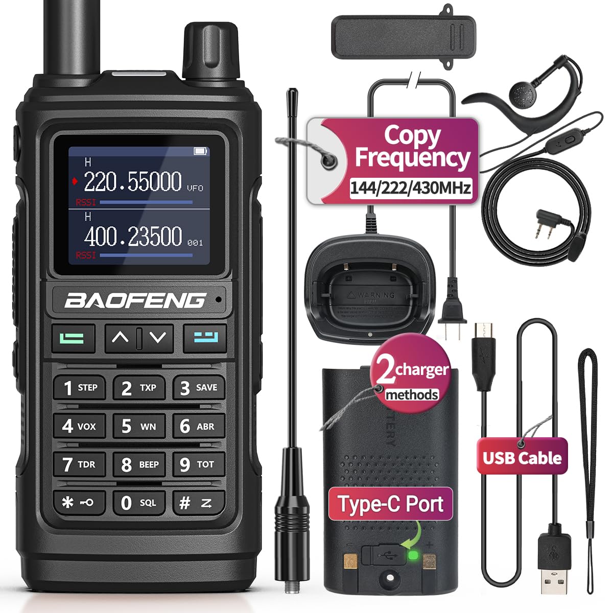 Baofeng UV-17R Pro Long Range Two Way Radio Walkie Talkie - 999 Channels, USB Charger, VOX, Earpiece & Flashlight - Perfect for Outdoor Adventures, Hiking, Camping and Emergency Communication