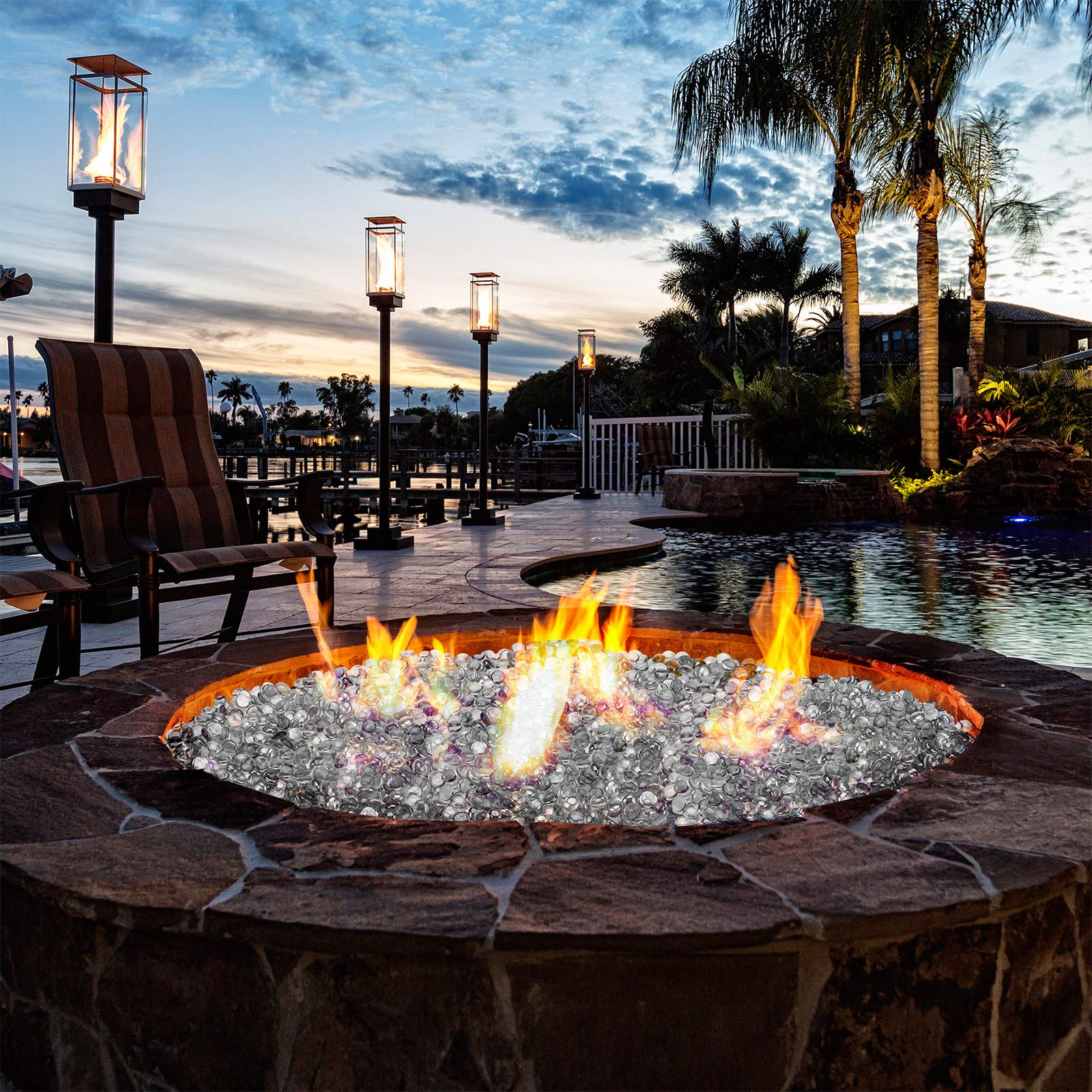 Mr. Fireglass 10 Pound Fire Glass Beads - 1/2 Inch Reflective Round Fire Glass for Fireplace, Fire Pit & Landscaping - High Luster Crystal Ice Glass for Outdoor & Indoor Decoration - Perfect for Patio, Garden, and Backyard Ambiance