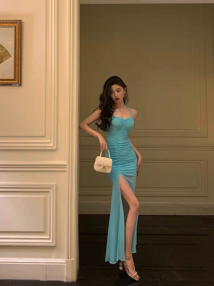 Elegant Blue Sheath Long Prom Dress with High Slit - Perfect for Evening Gala, Formal Events & Homecoming (Style J3306)