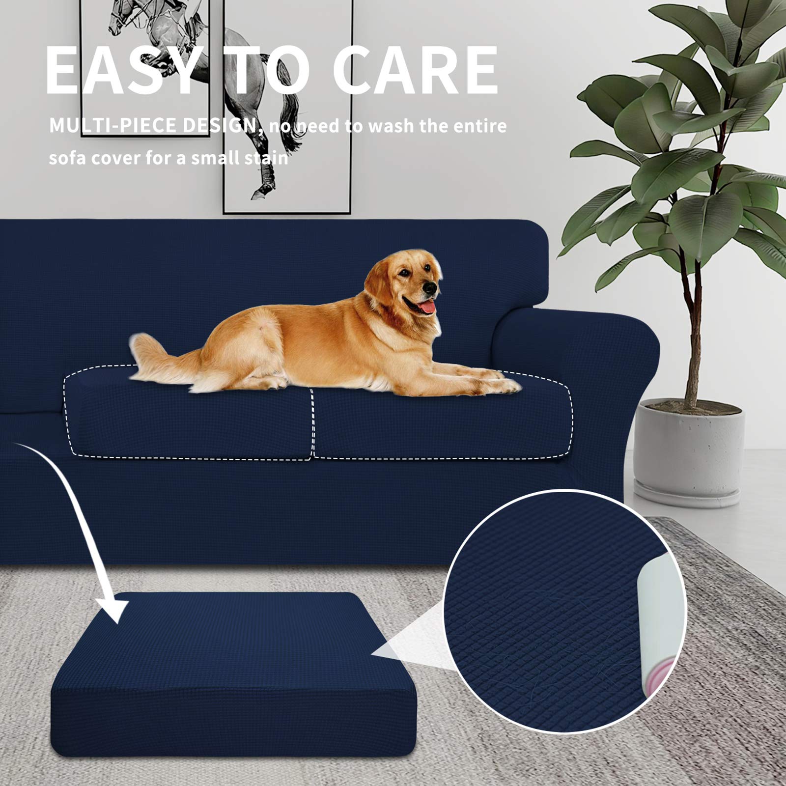 Stretch Sofa Cover for Dogs - 3 Piece Washable Couch Slipcover with Elastic Jacquard Fabric - Furniture Protector for Pets & Kids - Navy Blue Loveseat Size - Perfect for Pet Owners & Family Homes with 2-Cushion Couches