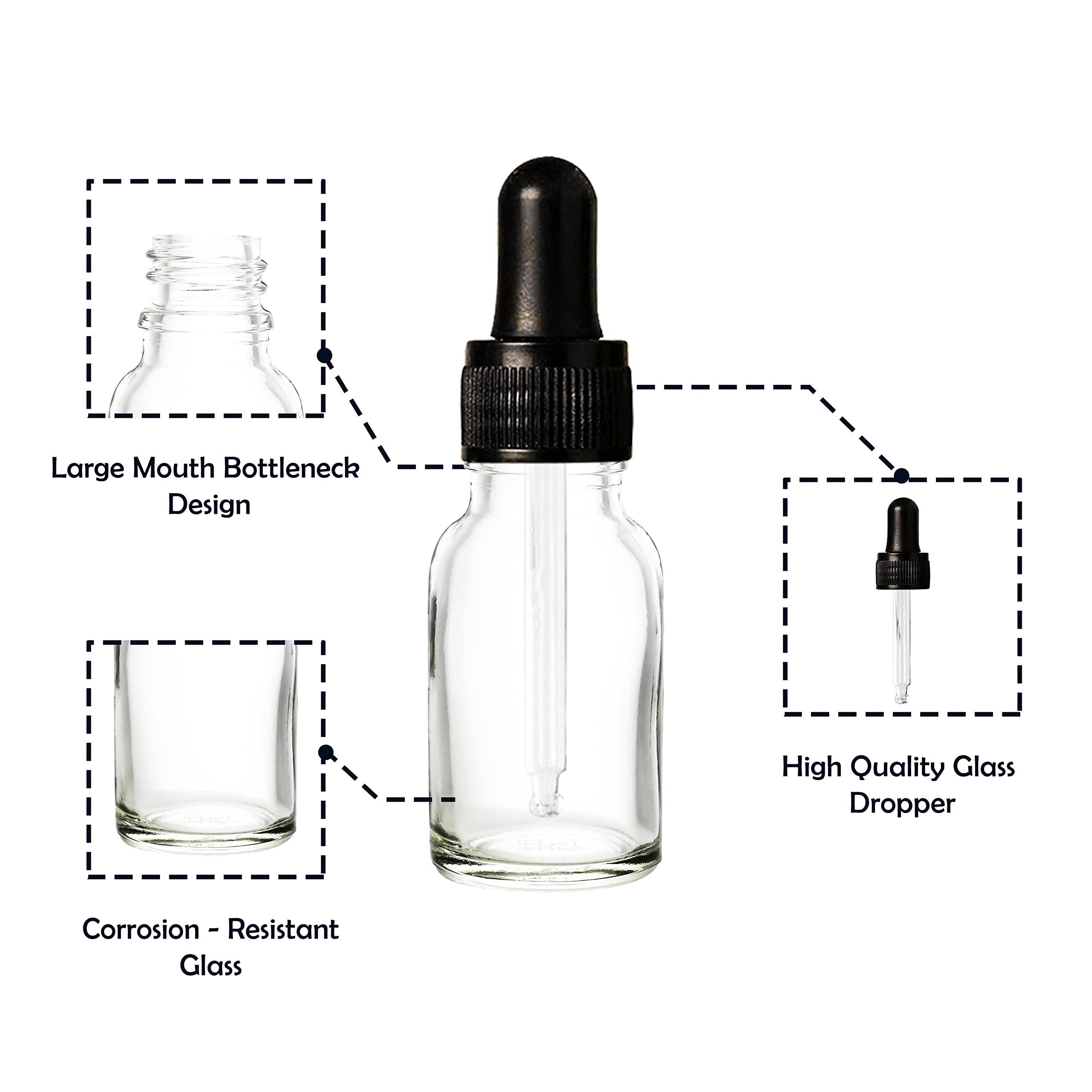 NSB Herbals 15ml Clear Round Empty Glass Bottle with Dropper - Black Ring & Silicone Teat for Essential Oils, Perfumes, DIY Blends (Pack of 3) | Perfect for Aromatherapy, Travel & Home Fragrance