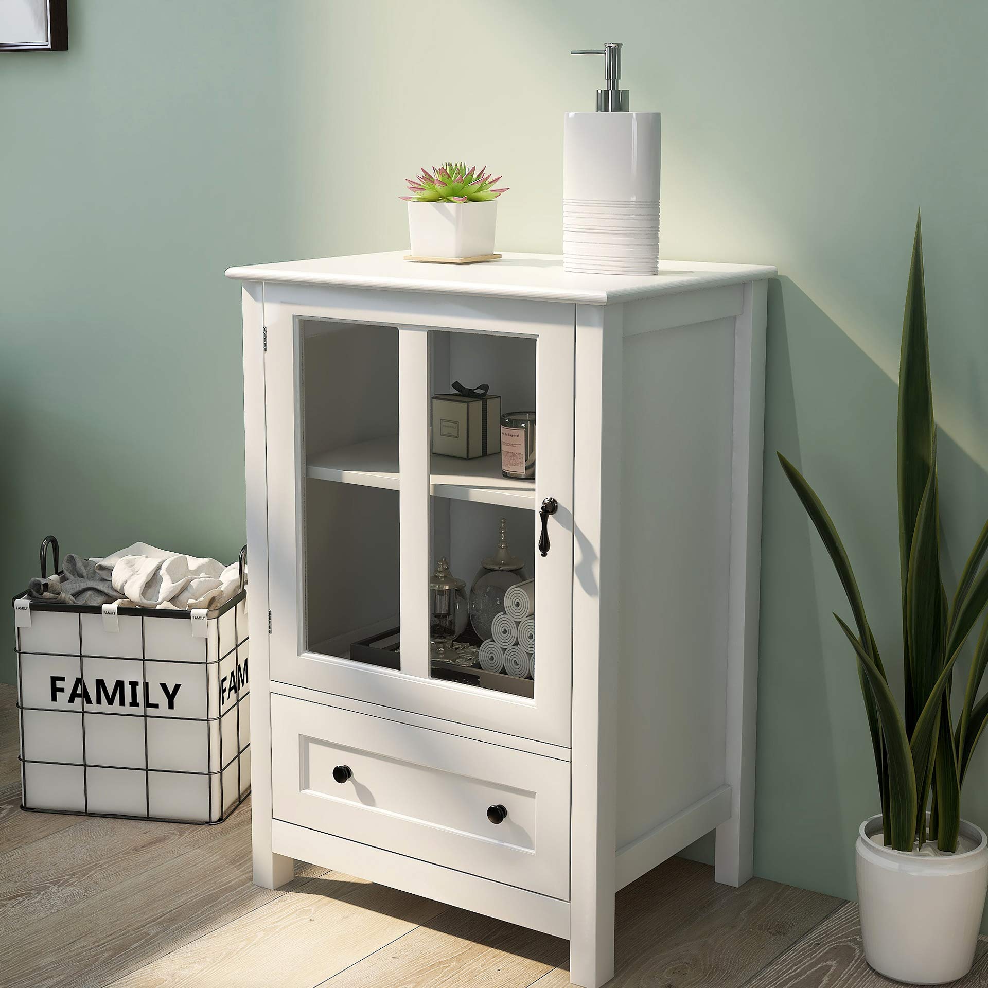 LERFAN Buffet Sideboard with Bottom Drawer & Glass Door Cabinet - Unique Bell Handle Display Storage for Living Room & Kitchen | Perfect for Dining Room Organization & China Display