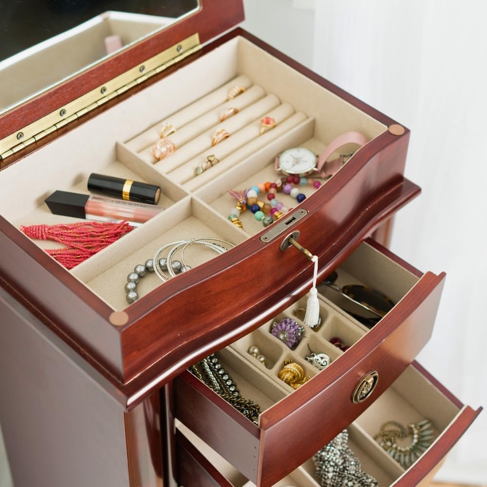 Hives & Honey Noel Standing Jewelry Armoire Cabinet - Locking Jewelry Storage Organizer with Flip Mirror, 2 Side Doors & 7 Drawers | Jewelry Chest for Necklaces, Earrings, Bracelets | Cherry Wood Finish | Perfect for Bedroom, Closet & Dressing Room Organization