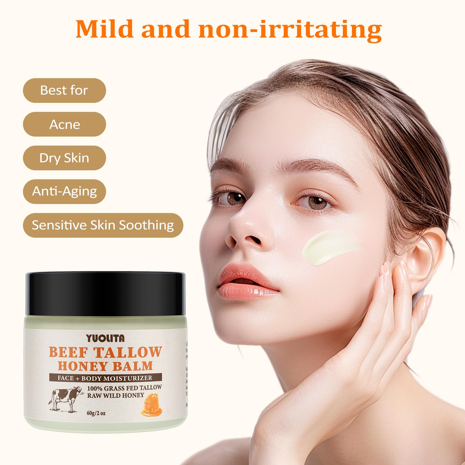 Grass-Fed Beef Tallow & Raw Wild Honey Balm - Unscented All-Natural Moisturizer for Face & Body | Hydrating & Nourishing Skin Care | Perfect for Dry Skin, Eczema & Daily Hydration - 2 oz