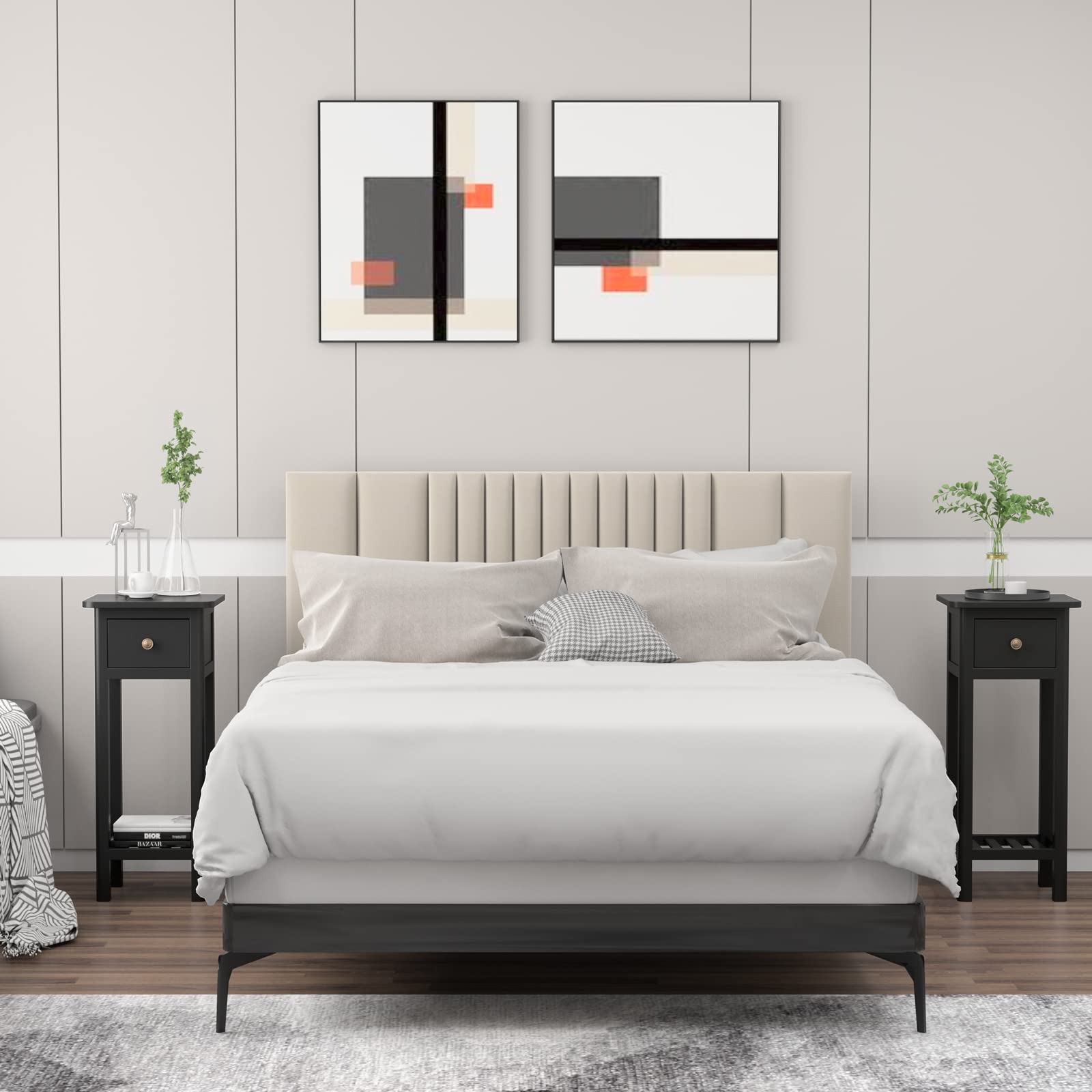Giantex Set of 2 Tall Narrow End Tables with Drawer and Shelf - Acacia Wood Nightstand & Bedside Table for Small Spaces - No Assembly Required Black - Perfect for Living Room, Bedroom & Apartment Decor