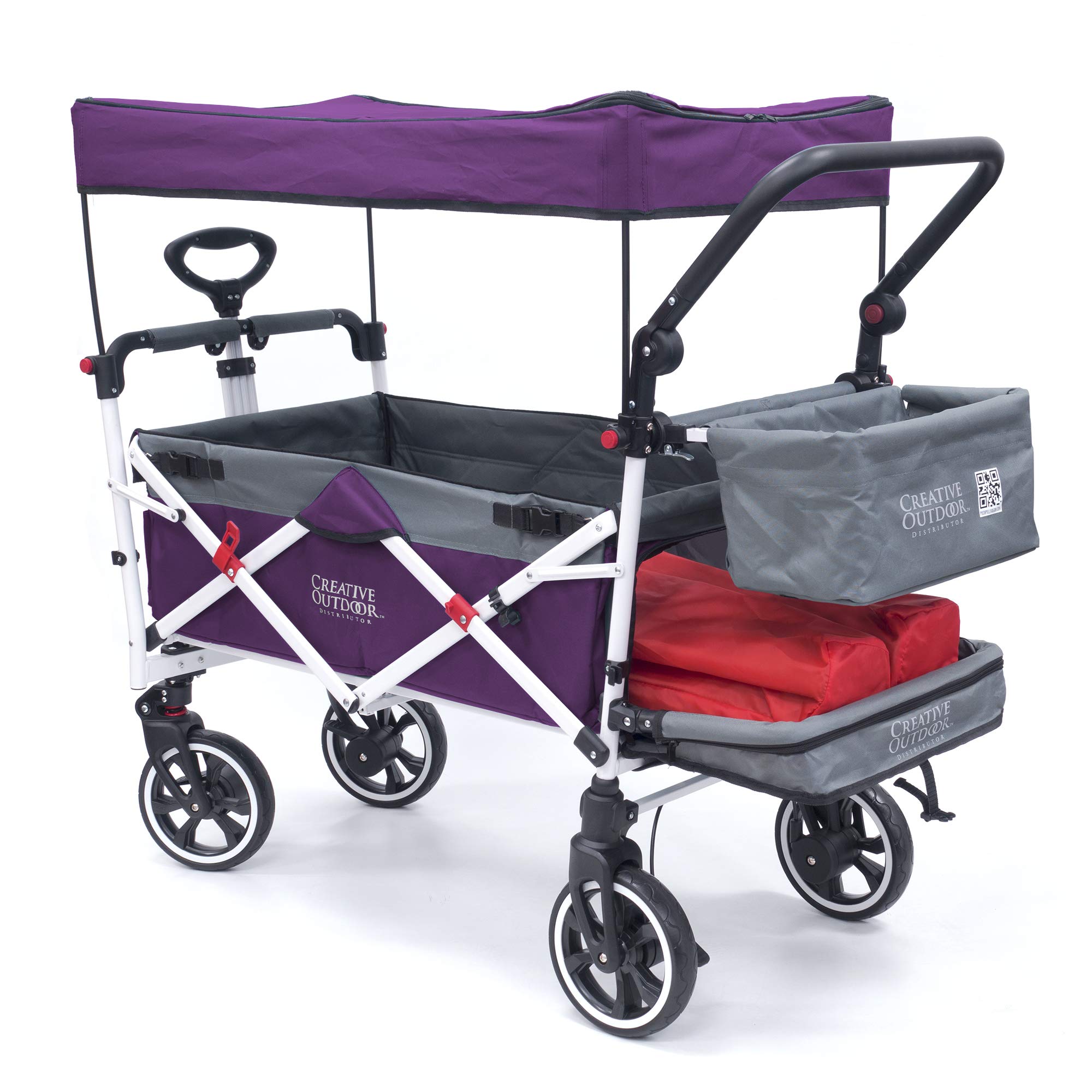 Best Collapsible Outdoor Wagon for Kids - Lightweight Push Pull Stroller with UV Canopy, Foldable Cart for Beach, Park, Garden & Shopping - Purple & Grey Design for Family Outings & Picnics