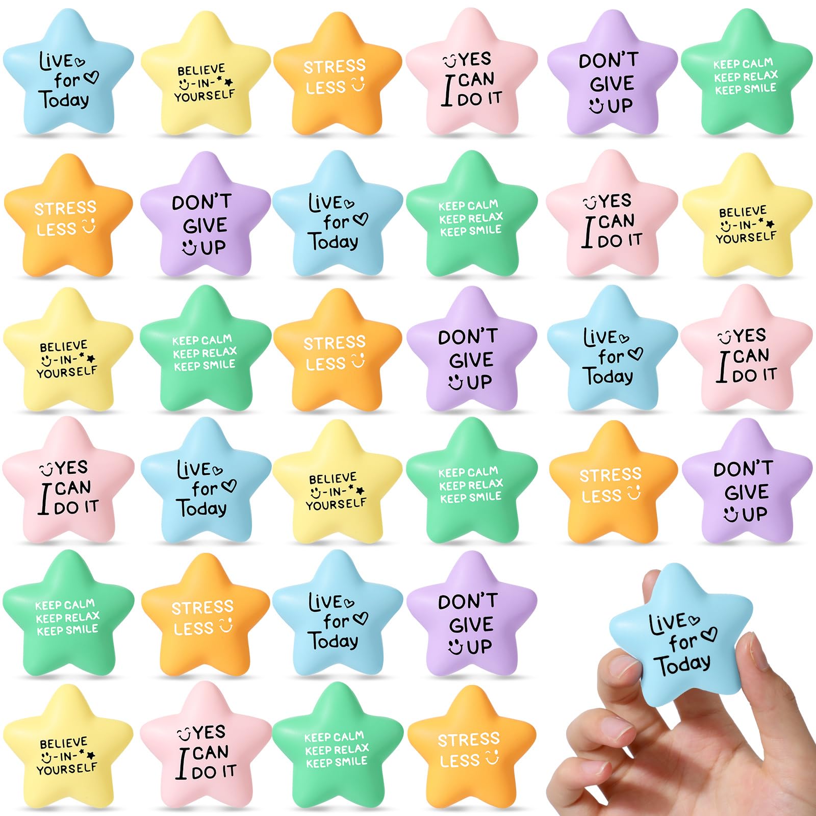 48 Pcs Motivational Star Stress Balls for Kids & Adults - 2.2 Inch Anxiety Relief Hand Exercise Toys with Inspirational Quotes, Colorful Foam Squeeze Balls for School Rewards, Office Stress Relief & Party Favors - Perfect for Classroom, Work Desk & Therapy Sessions