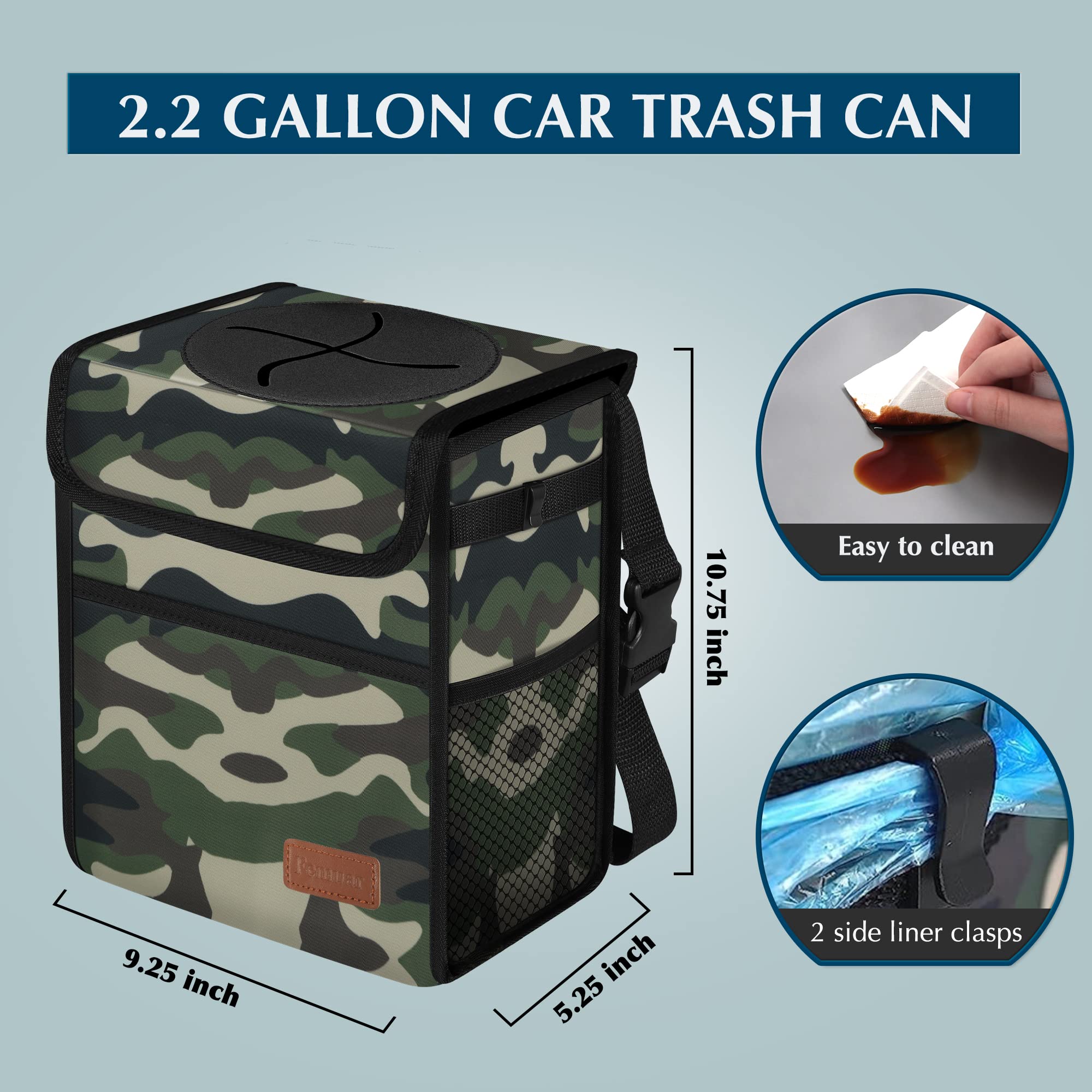 **Leak-Proof Car Trash Can with Lid - Waterproof Hanging Garbage Bag for SUV & Front Seat - Collapsible, Portable & Multipurpose with Storage Mesh Pocket - Ideal for Road Trips, Commuting & Travel (Camouflage)**